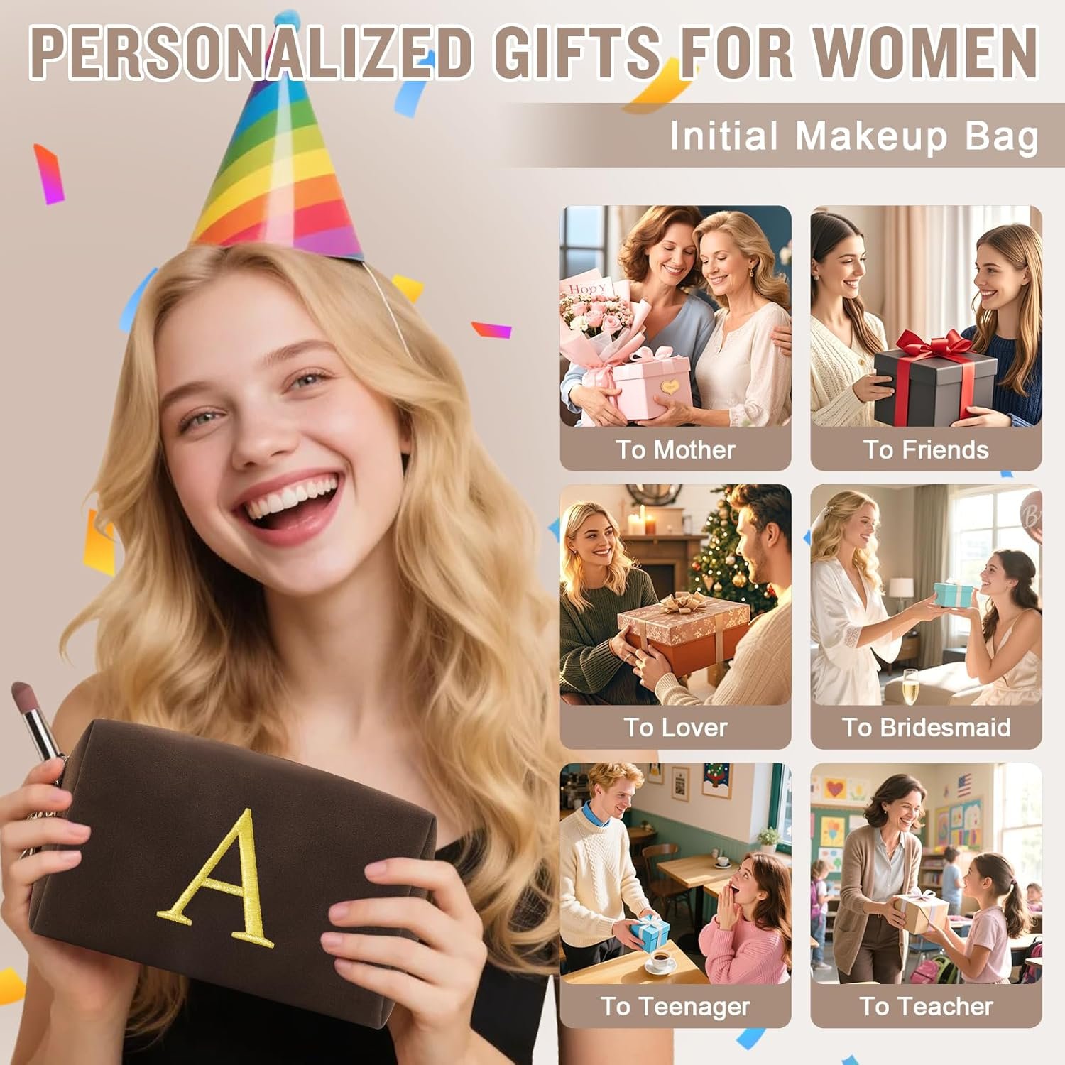 Manufacturer Personalized Initial Makeup Bag Private Label Preppy Suede Cosmetic Bag for Teen Girls Custom Logo Small Monogram Travel Toiletry Bag with Gold Embroidered Letter Christmas Gift for Women Coffee-A