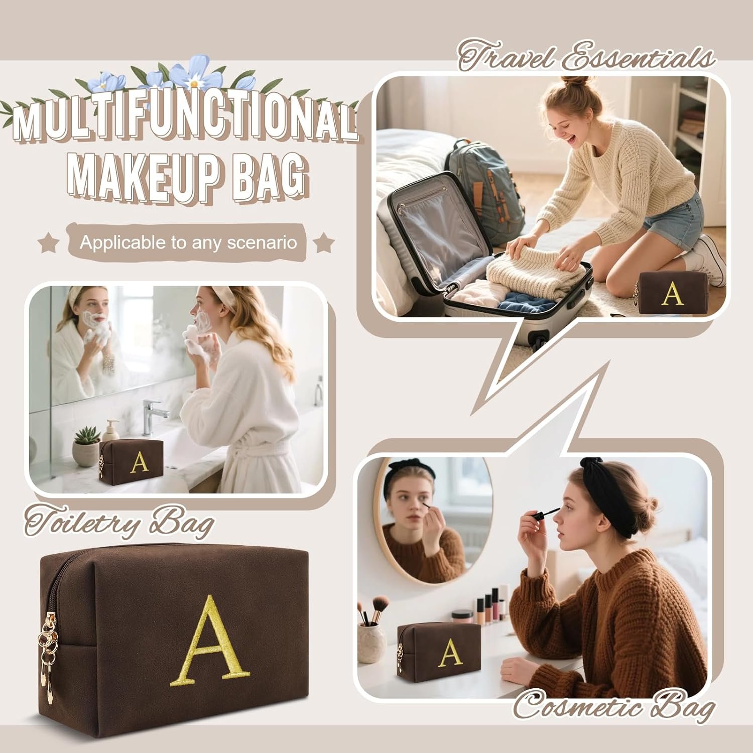 Manufacturer Personalized Initial Makeup Bag Private Label Preppy Suede Cosmetic Bag for Teen Girls Custom Logo Small Monogram Travel Toiletry Bag with Gold Embroidered Letter Christmas Gift for Women Coffee-A