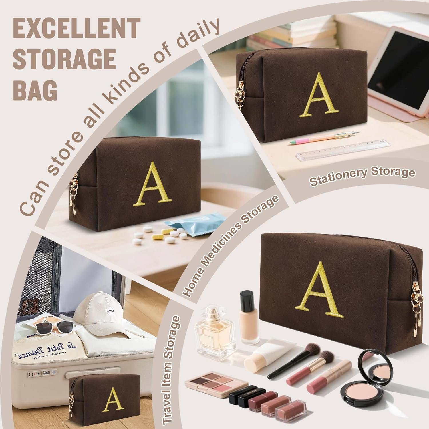 Manufacturer Personalized Initial Makeup Bag Private Label Preppy Suede Cosmetic Bag for Teen Girls Custom Logo Small Monogram Travel Toiletry Bag with Gold Embroidered Letter Christmas Gift for Women Coffee-A