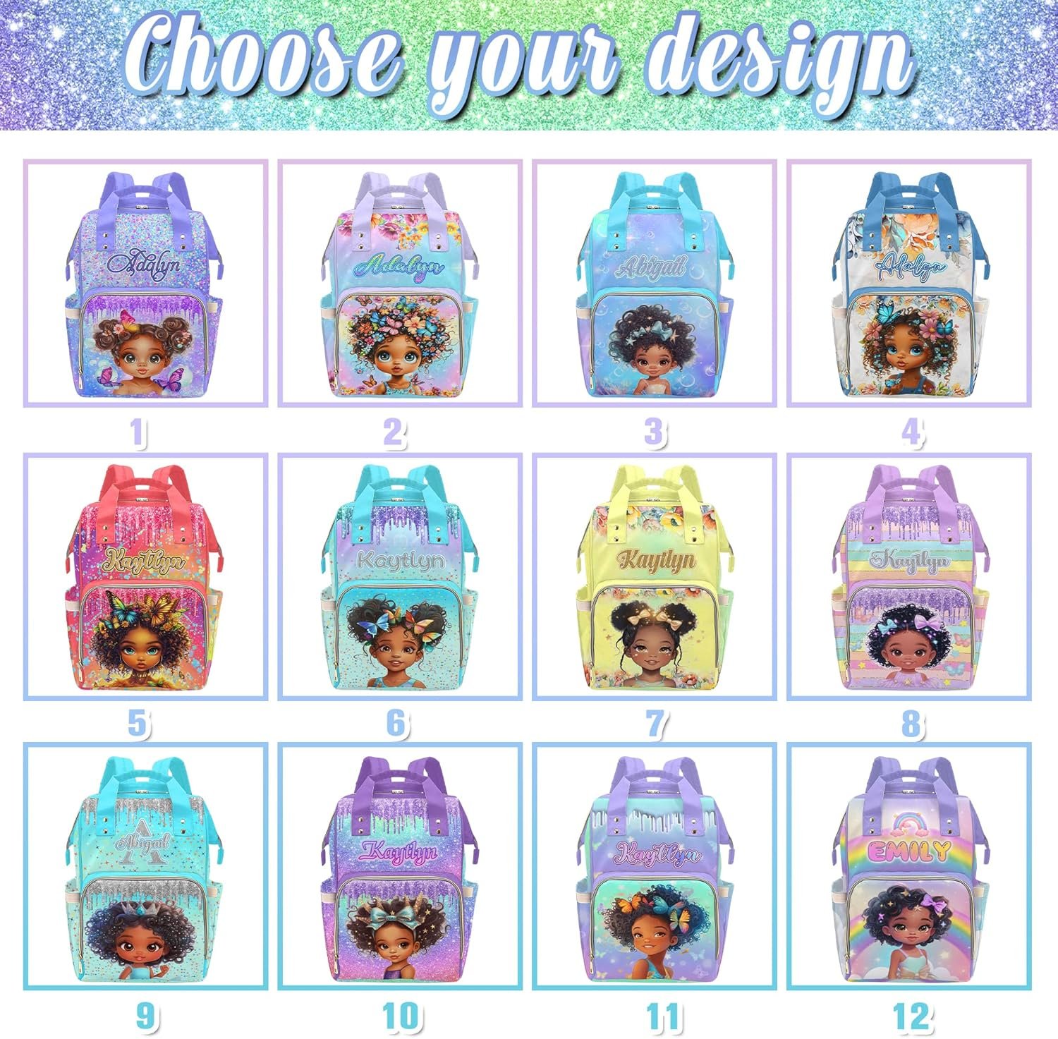 Private Label Personalized Diaper Bags for Women Men Custom Logo Purple Glitter Princess Diaper Backpack for Mom Wife Multifunctional Travel Changing Bag Manufacturer