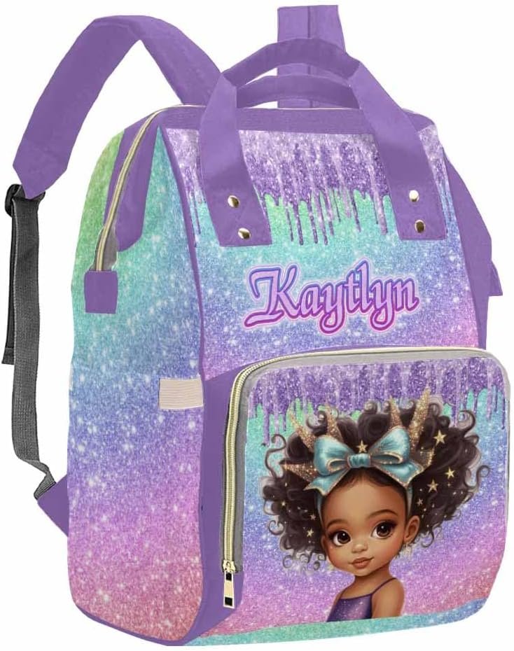 Private Label Personalized Diaper Bags for Women Men Custom Logo Purple Glitter Princess Diaper Backpack for Mom Wife Multifunctional Travel Changing Bag Manufacturer