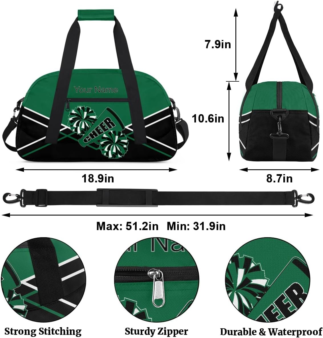 Private Label Cheerleading Duffel Bag Personalized for Girls Custom Logo Sport Gym Travel Dance Overnight Weekender Green Black White Factory