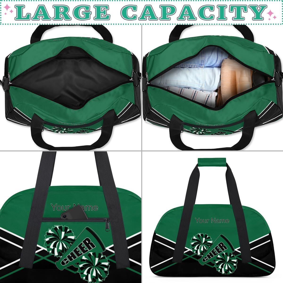 Private Label Cheerleading Duffel Bag Personalized for Girls Custom Logo Sport Gym Travel Dance Overnight Weekender Green Black White Factory