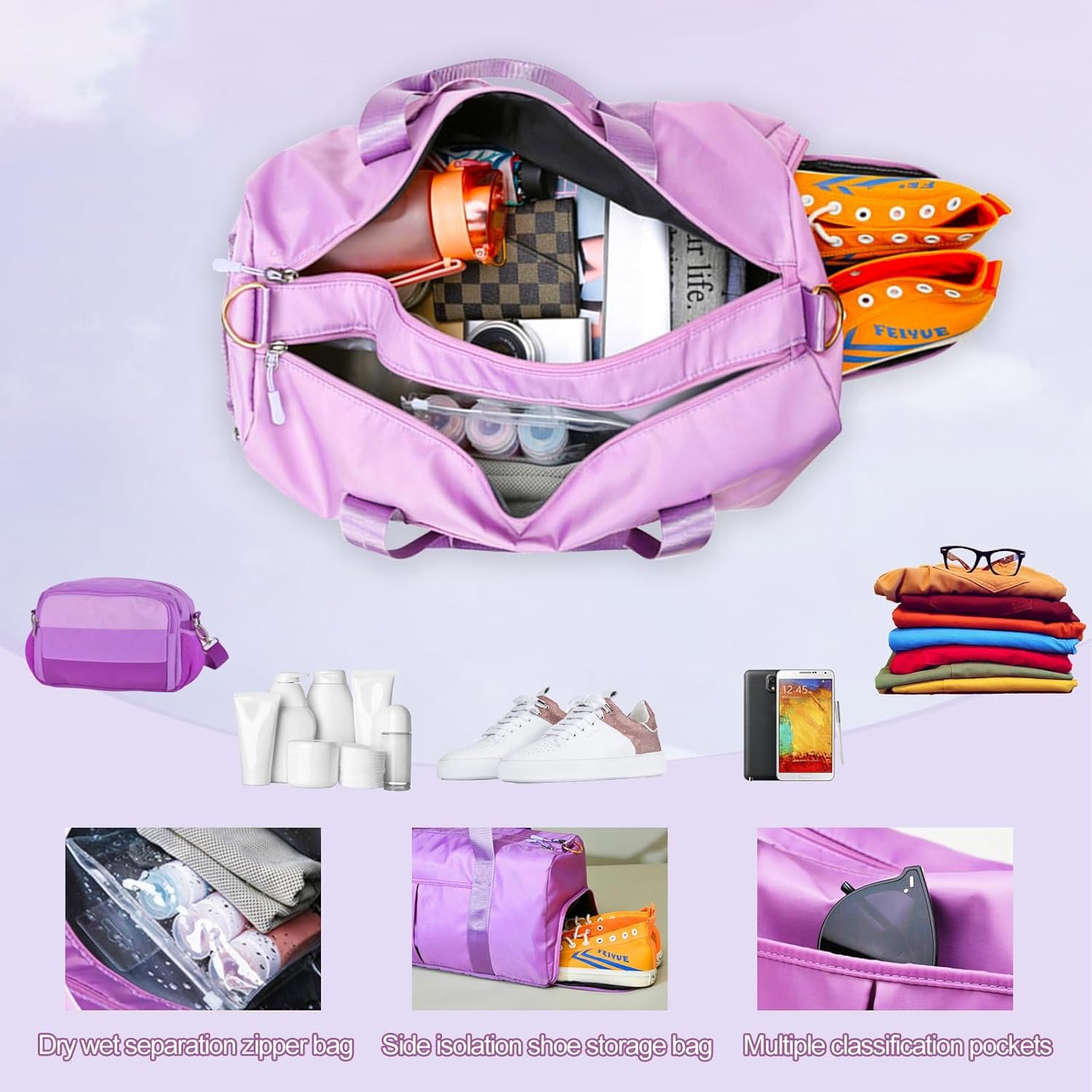 Private Label Personalized Embroidered Duffle Sports Gym Travel Bag Custom Logo Double-Sided Customization Separate Wet Dry Pockets Shoe Bags for Women Men Dark Blue Manufacturer