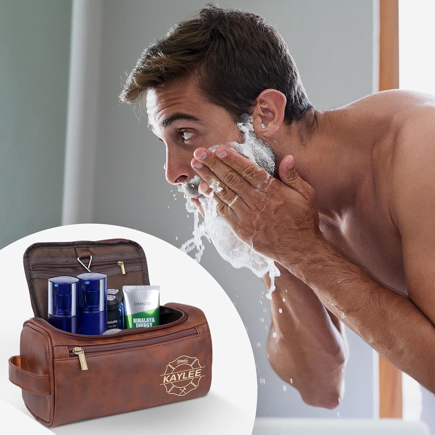 Custom Logo Personalized Leather Toiletry Bag for Men Engraved Initials Travel Shaving Dopp Kit Factory Monogram Private Label for Groomsmen Gifts Christmas Wedding Birthday Dad Boyfriend Husband