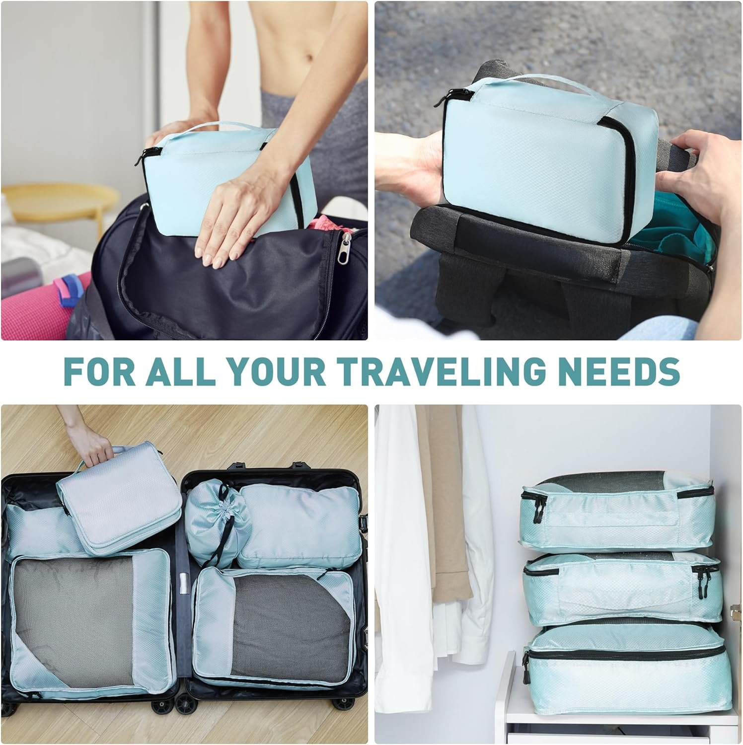 Private Label 8-Piece Packing Cubes for Travel Durable Zippers Reinforced Mesh Luggage Organizer Set with Shoe Toiletry Laundry Bags 4 Sizes Custom Logo Suitcase Men Women Lake Blue by Manufacturer