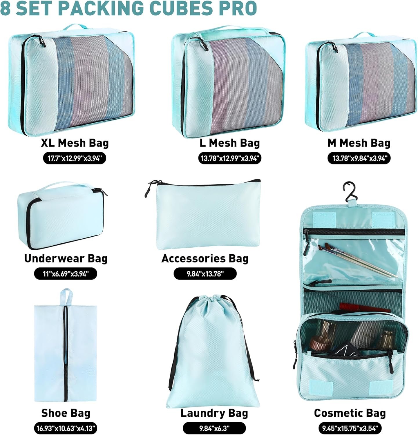 Private Label 8-Piece Packing Cubes for Travel Durable Zippers Reinforced Mesh Luggage Organizer Set with Shoe Toiletry Laundry Bags 4 Sizes Custom Logo Suitcase Men Women Lake Blue by Manufacturer