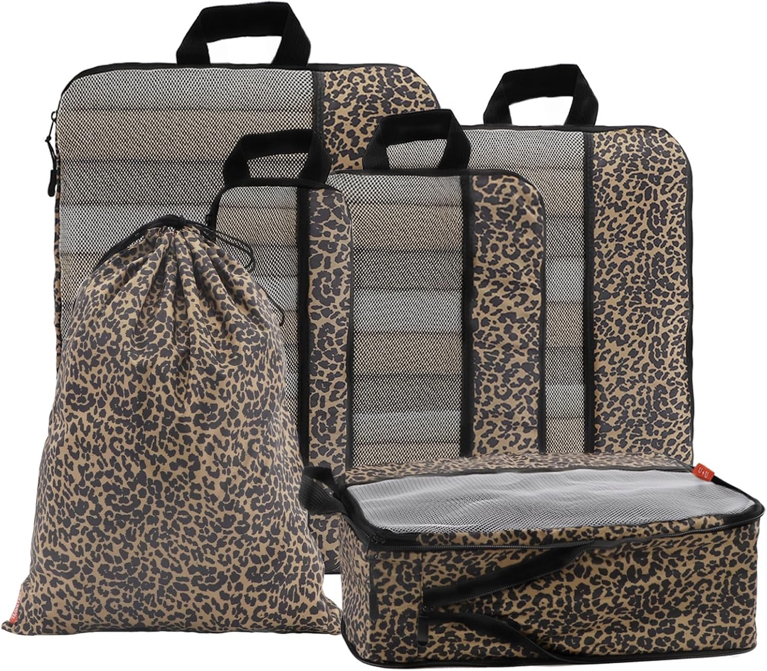 Private Label 6 Set Compression Packing Cubes Ultralight Travel Organizers with Laundry Bag Custom Logo Space-Saving Expandable Suitcase Organizer Factory for Travel Business Trips Family Vacation Leopard