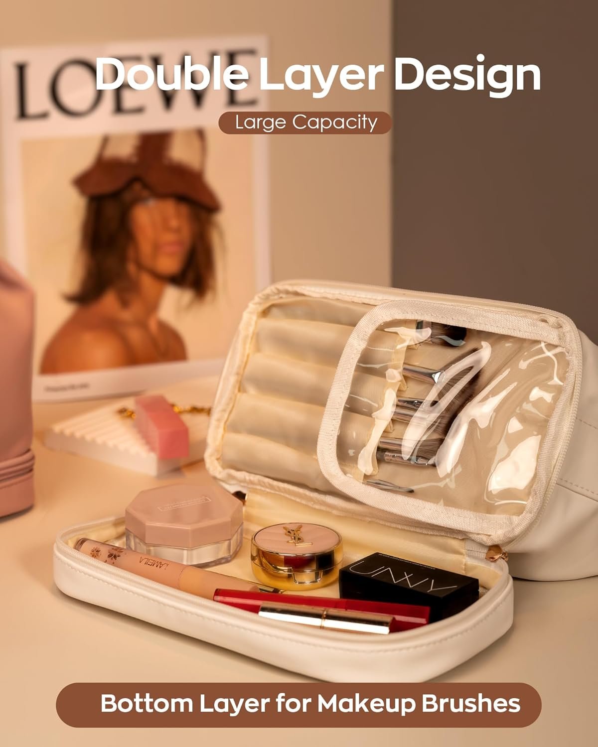 Custom Logo Personalized Double Layer Travel Makeup Cosmetic Toiletry Bag Private Label White PU Bride Purse Waterproof Portable Zipper Bridal Bridesmaid Wedding Gift Manufacturer