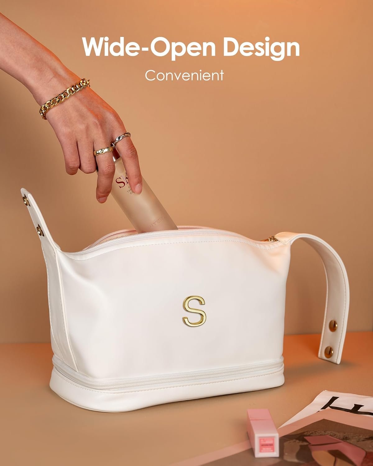 Custom Logo Personalized Double Layer Travel Makeup Cosmetic Toiletry Bag Private Label White PU Bride Purse Waterproof Portable Zipper Bridal Bridesmaid Wedding Gift Manufacturer