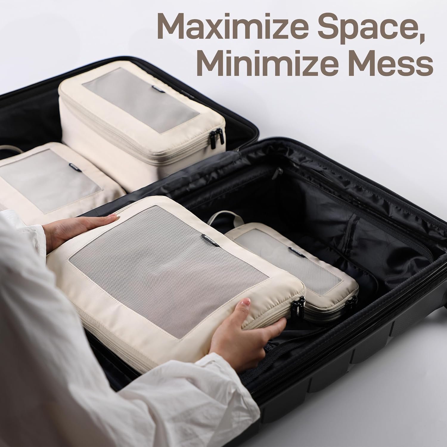 Custom Logo 4 Set Compression Packing Cubes - Durable Travel Organizer Bags with Mesh Top Private Label Expandable for Carry On Luggage Suitcase Backpack Manufacturer (Beige)