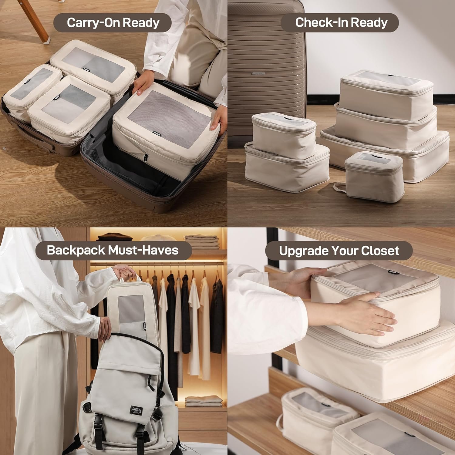 Custom Logo 4 Set Compression Packing Cubes - Durable Travel Organizer Bags with Mesh Top Private Label Expandable for Carry On Luggage Suitcase Backpack Manufacturer (Beige)