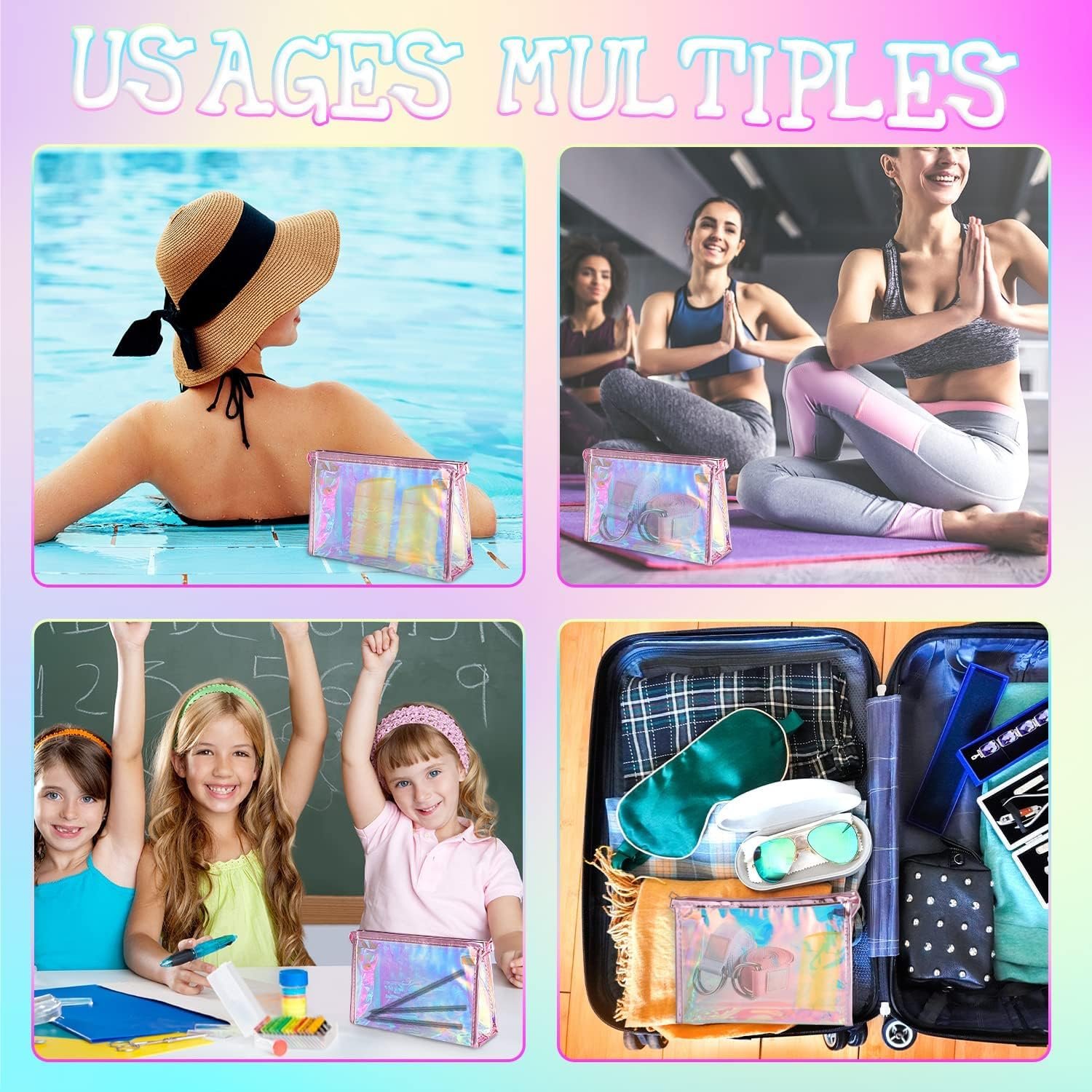 Factory 10 Pcs Holographic Makeup Bags Bulk Private Label Clear Portable Zippered Toiletry Custom Logo Waterproof Cosmetic Bags for Bachelorette Party Favors Wedding Gifts Bride Bridesmaids