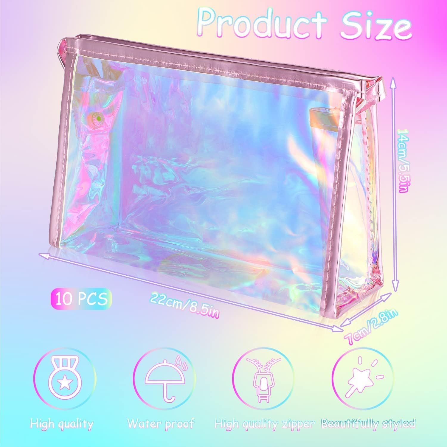 Factory 10 Pcs Holographic Makeup Bags Bulk Private Label Clear Portable Zippered Toiletry Custom Logo Waterproof Cosmetic Bags for Bachelorette Party Favors Wedding Gifts Bride Bridesmaids