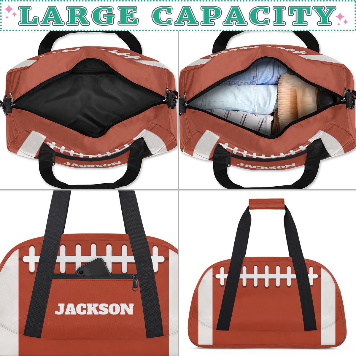Custom Logo Personalized Boys Football Gym Duffel Bags for Kids Private Label Sport Pigskin Training Travel Bags with Name Overnight Weekender Factory