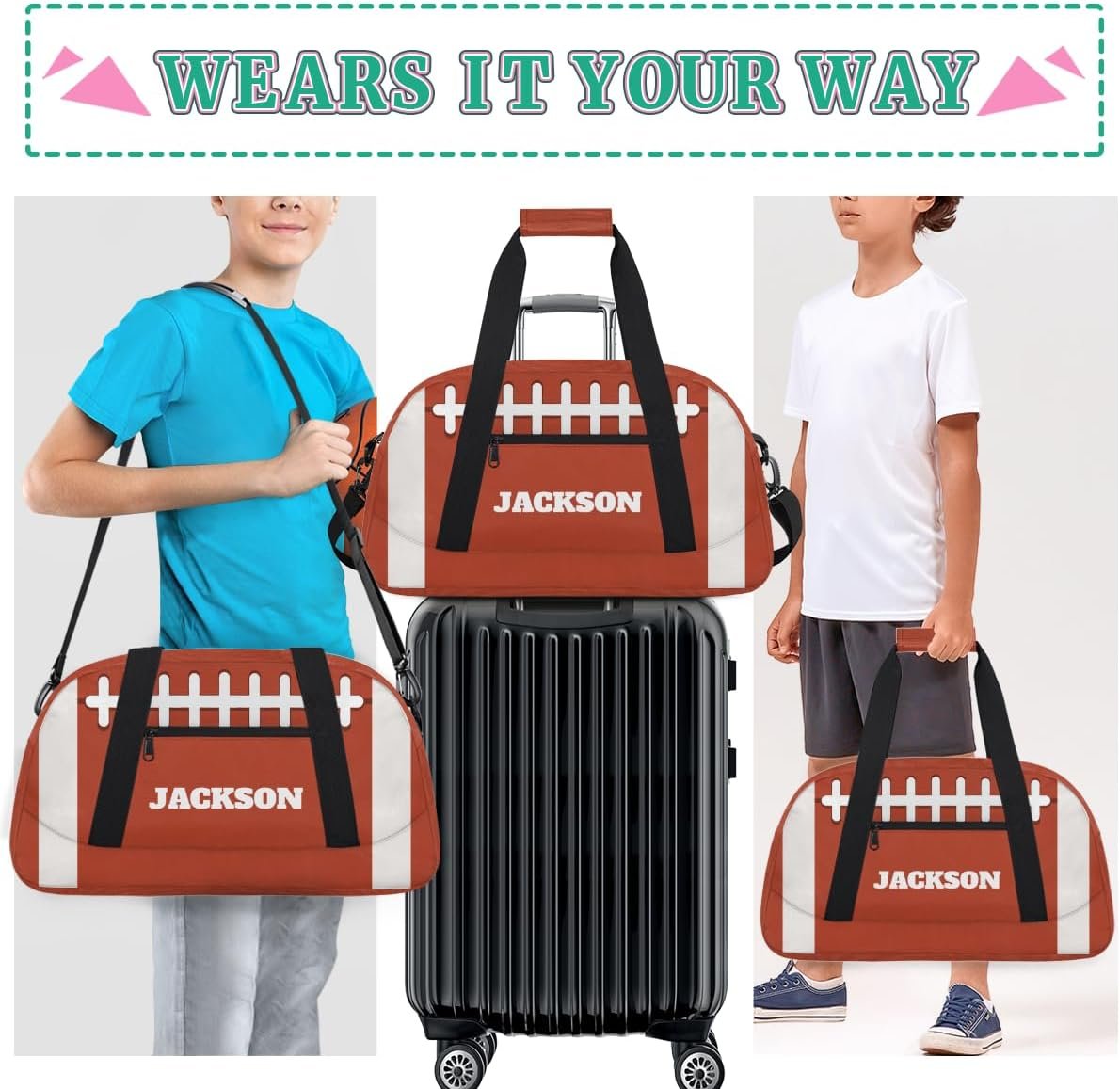 Custom Logo Personalized Boys Football Gym Duffel Bags for Kids Private Label Sport Pigskin Training Travel Bags with Name Overnight Weekender Factory