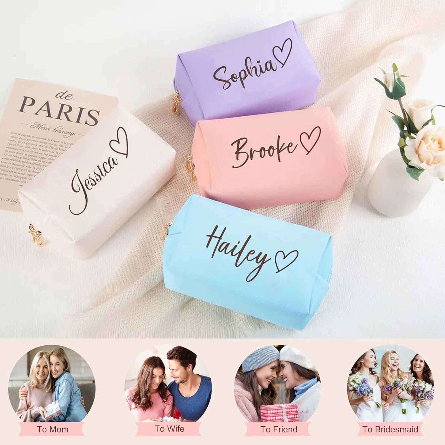 Custom Logo Personalized Makeup Bags with Name and Birth Flower Private Label Leather Cosmetic Travel Toiletry for Women Bridesmaid Wedding Gifts Manufacturer