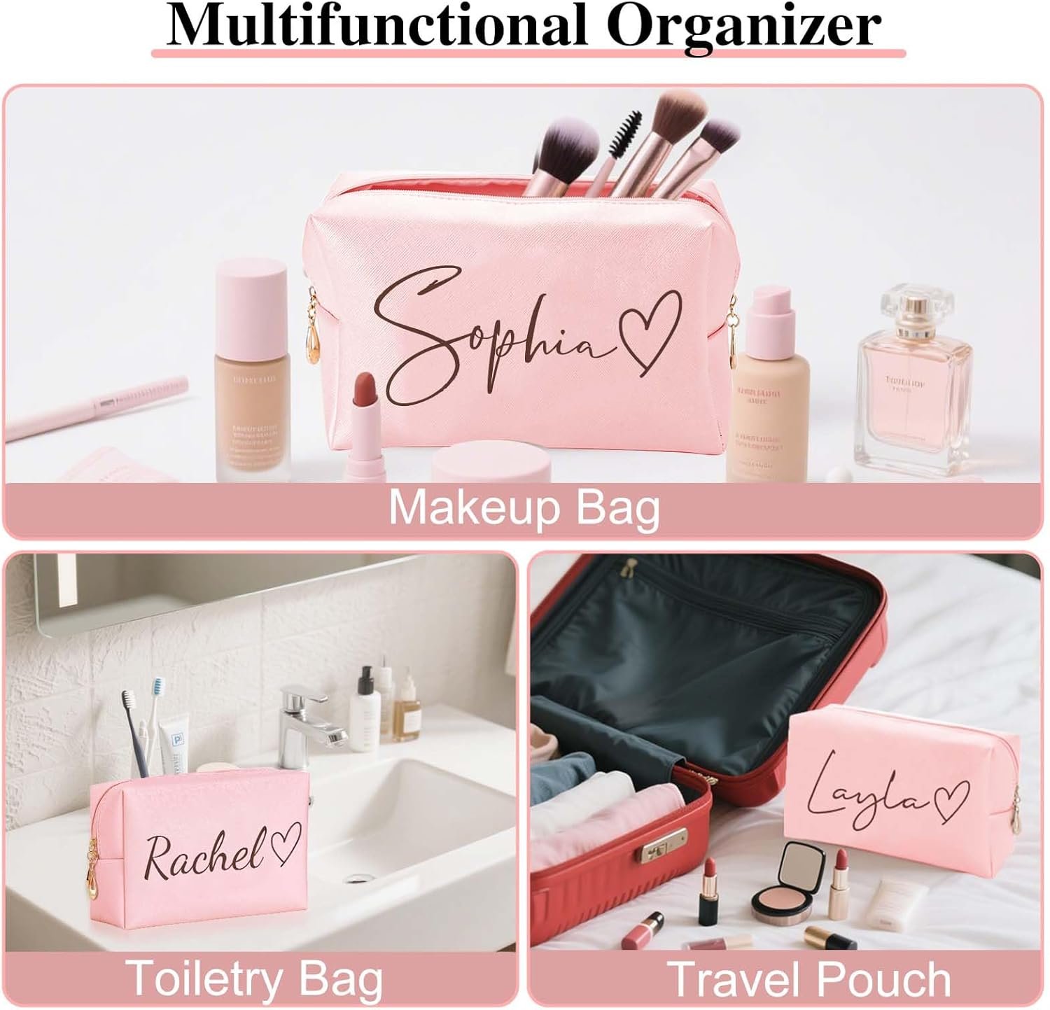 Custom Logo Personalized Makeup Bags with Name and Birth Flower Private Label Leather Cosmetic Travel Toiletry for Women Bridesmaid Wedding Gifts Manufacturer