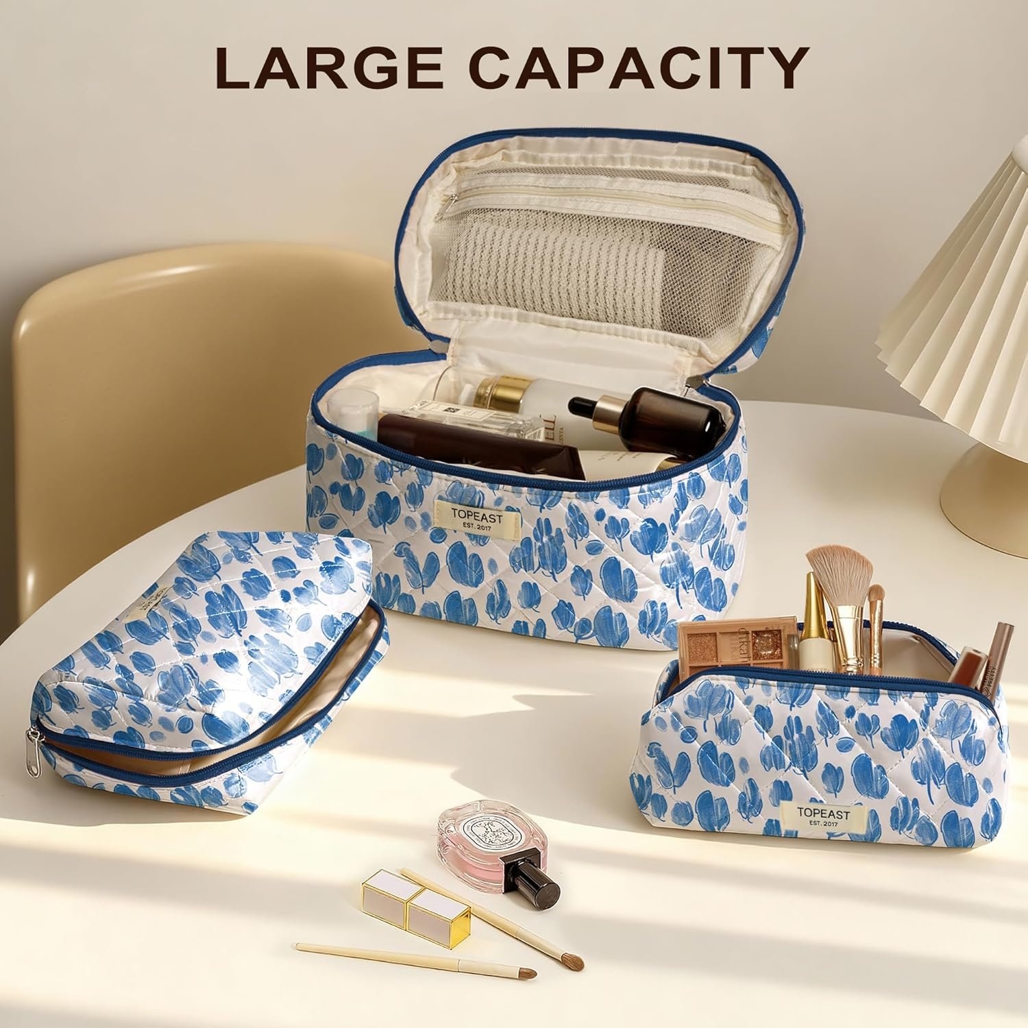 Custom Logo Large Quilted Cosmetic Bag, Private Label Big Floral Makeup Bag Set for Women Girls, Cotton Flower Travel Toiletry Organizer Manufacturer Custom Logo Large Quilted Cosmetic Bag, Private Label Big Floral Makeup Bag Set for Women Girls, Cotton Flower Travel Toiletry Organizer Manufacturer