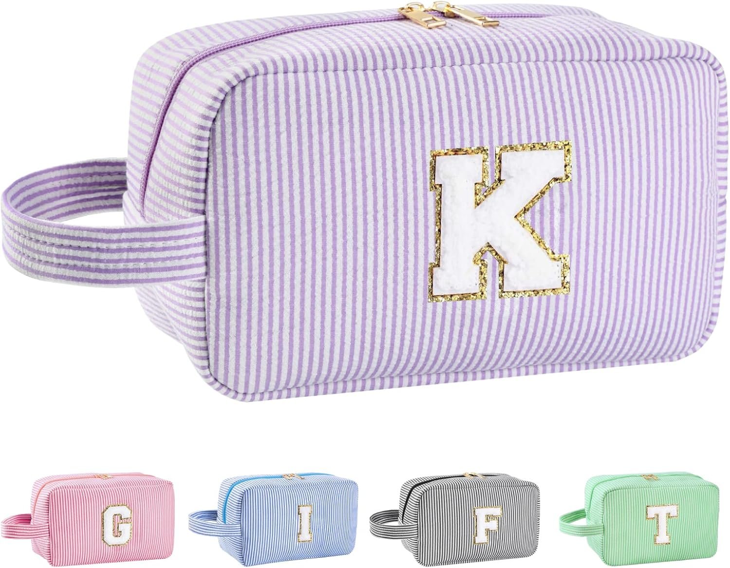 Custom Logo Personalized Initial A-Z Preppy Makeup Cosmetic Toiletry Bag for Women Easter Birthday Gifts Kids Teen Girls Teacher Trendy Purple K Private Label Manufacturer