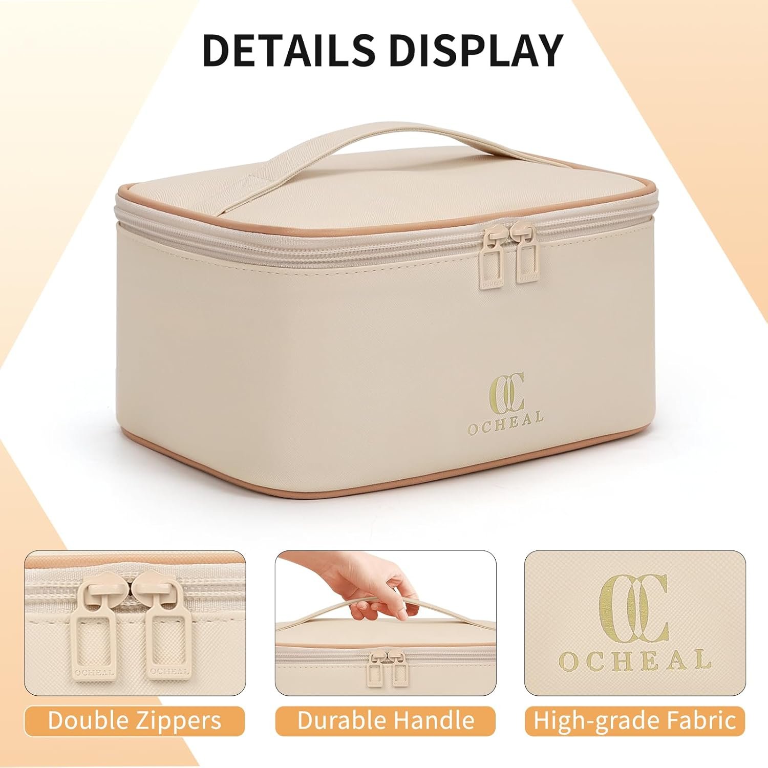 Custom Logo Large Capacity Beige Travel Makeup Organizer Bag Private Label Cosmetic Toiletry Bag for Women Girls with Brush Slot and Divider Manufacturer White