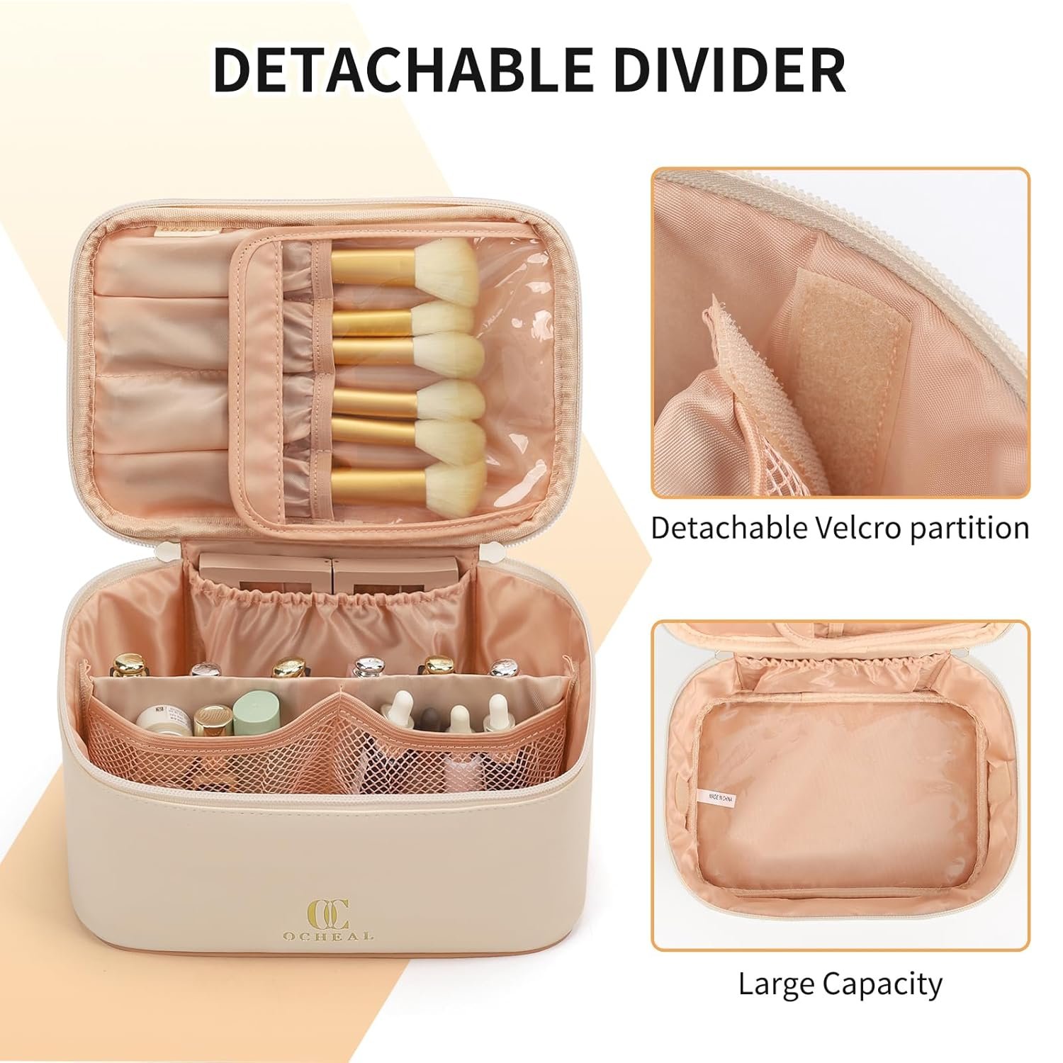 Custom Logo Large Capacity Beige Travel Makeup Organizer Bag Private Label Cosmetic Toiletry Bag for Women Girls with Brush Slot and Divider Manufacturer White