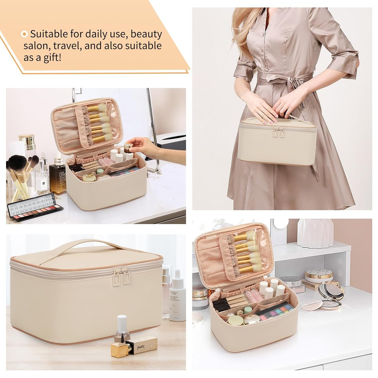 Custom Logo Large Capacity Beige Travel Makeup Organizer Bag Private Label Cosmetic Toiletry Bag for Women Girls with Brush Slot and Divider Manufacturer White