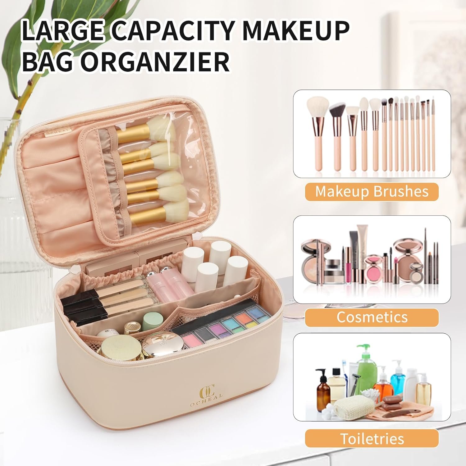 Custom Logo Large Capacity Beige Travel Makeup Organizer Bag Private Label Cosmetic Toiletry Bag for Women Girls with Brush Slot and Divider Manufacturer White