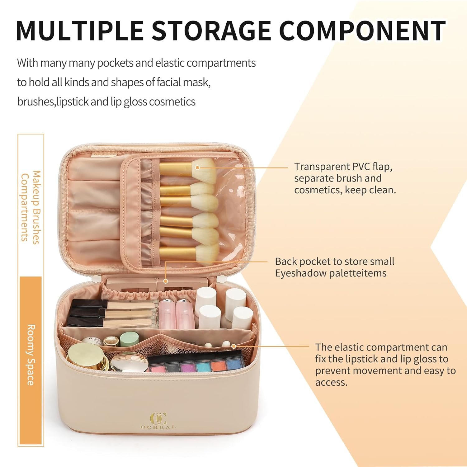 Custom Logo Large Capacity Beige Travel Makeup Organizer Bag Private Label Cosmetic Toiletry Bag for Women Girls with Brush Slot and Divider Manufacturer White