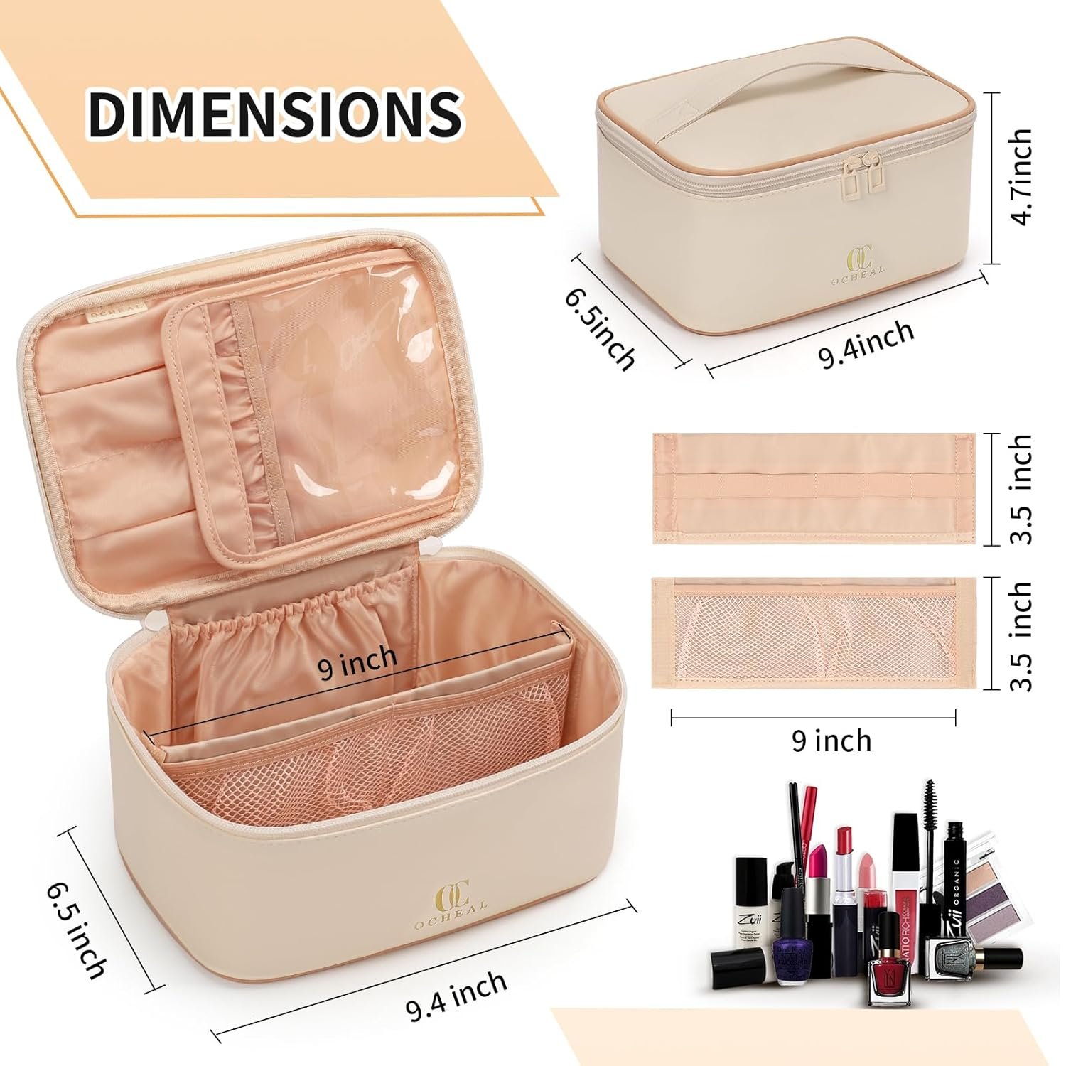 Custom Logo Large Capacity Beige Travel Makeup Organizer Bag Private Label Cosmetic Toiletry Bag for Women Girls with Brush Slot and Divider Manufacturer White