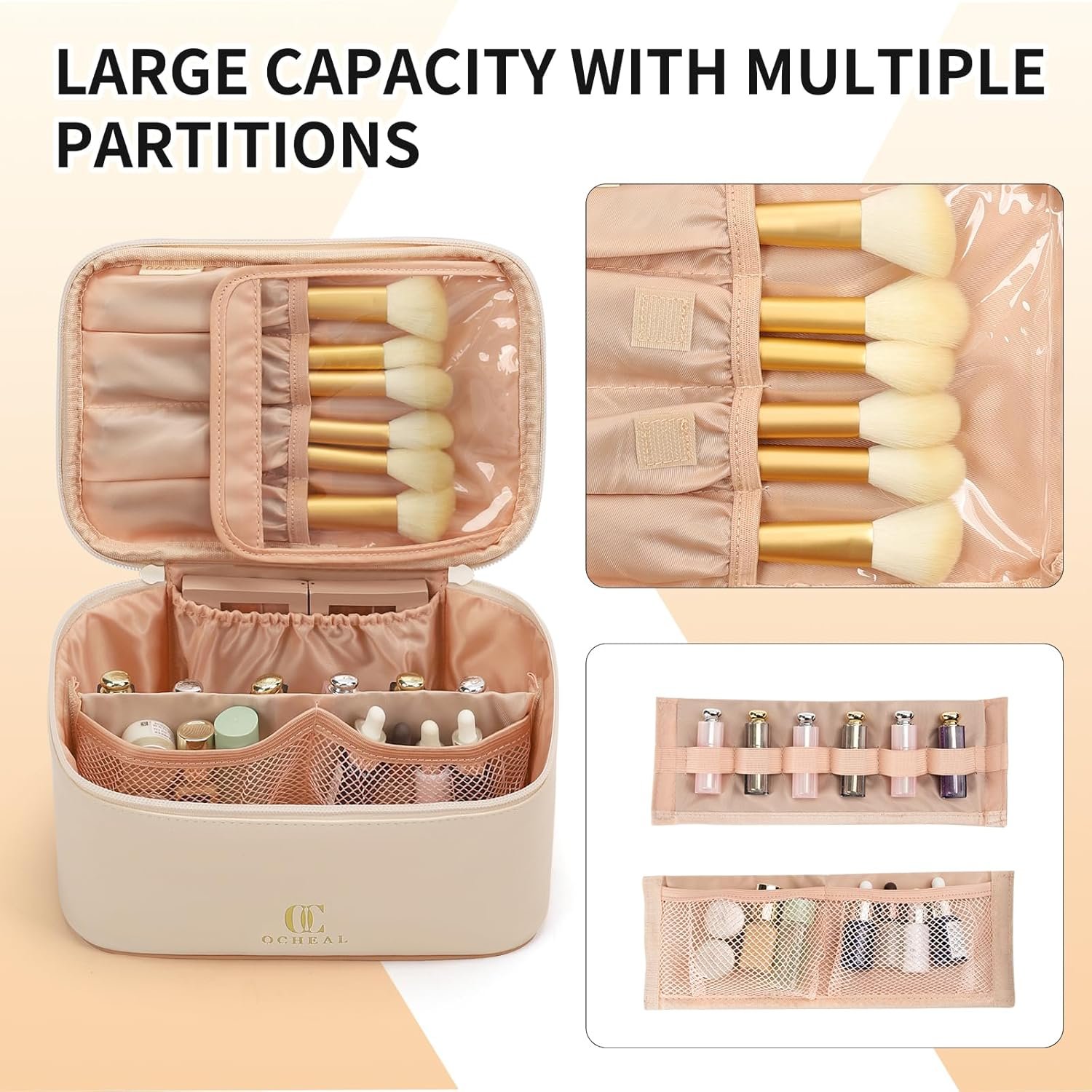 Custom Logo Large Capacity Beige Travel Makeup Organizer Bag Private Label Cosmetic Toiletry Bag for Women Girls with Brush Slot and Divider Manufacturer White