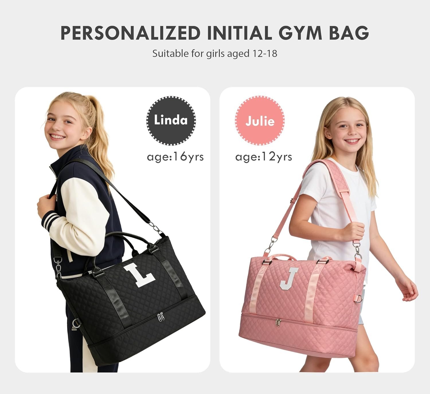 Custom Logo Initial Duffle Bag with Shoe Compartment, Private Label Personalized Weekender Overnight Gym Bag for Women and Girls with Toiletry Bag Manufacturer