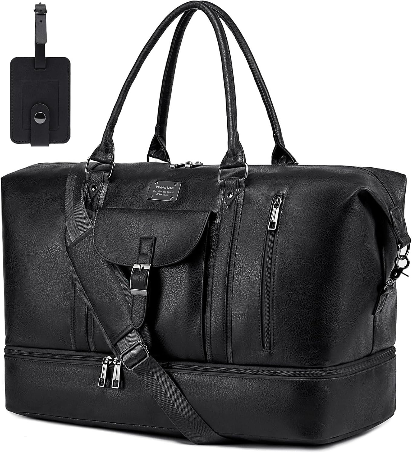 Private Label Faux Leather Large Travel Duffel Weekender Overnight Bag for Women Men with Shoes Compartment Custom Logo Luggage Strap Waterproof Carry On Gym Tote Manufacturer Black