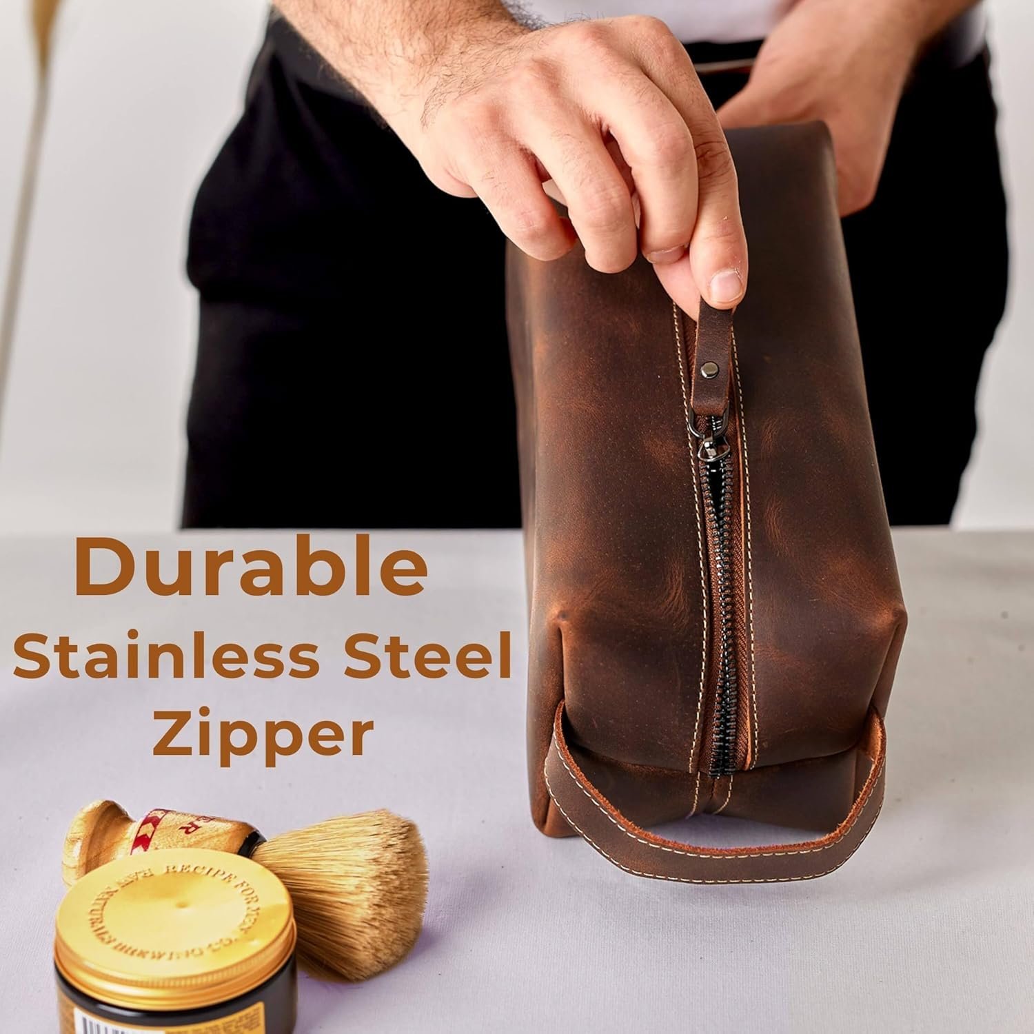 Custom Logo Personalized Leather Toiletry Bag for Men – Private Label Engraved Shaving Dopp Kit – Manufacturer Handmade Gift for Dad Husband Grandpa Boyfriend Travel Organizer for Birthday Anniversary Fathers Day