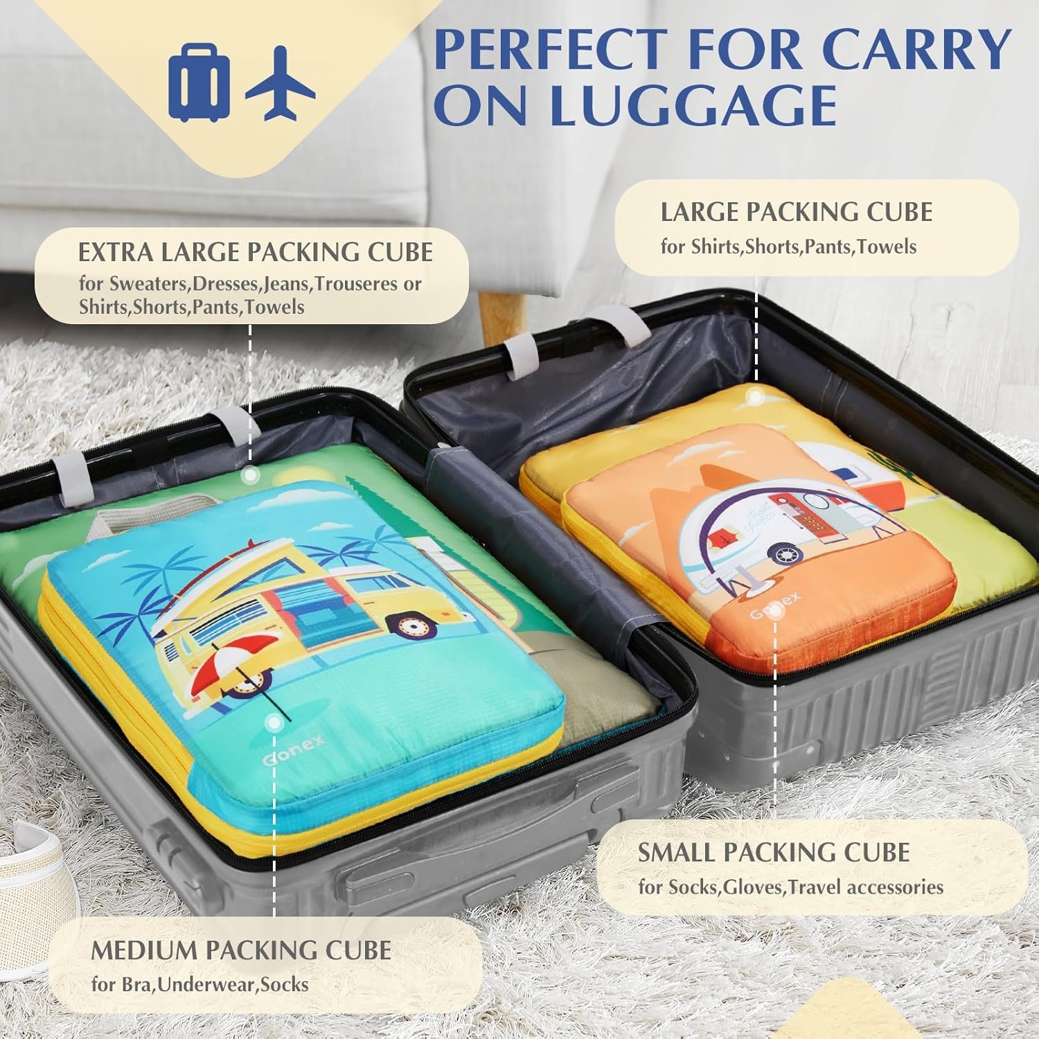 Custom Logo Compression Packing Cubes 4Pcs Expandable Private Label Storage Travel Luggage Organizers Manufacturer for Suitcase Carry On RV