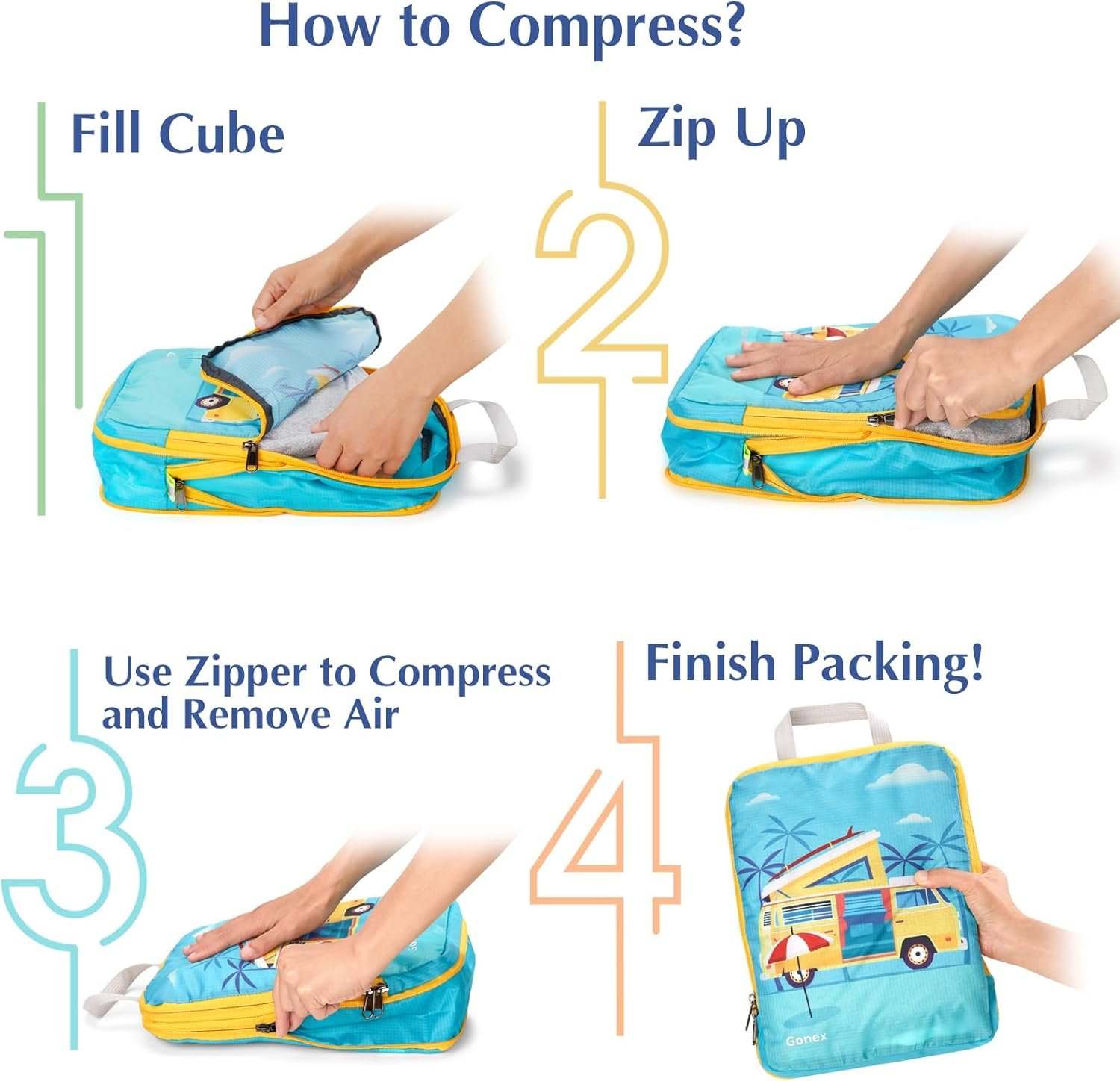 Custom Logo Compression Packing Cubes 4Pcs Expandable Private Label Storage Travel Luggage Organizers Manufacturer for Suitcase Carry On RV