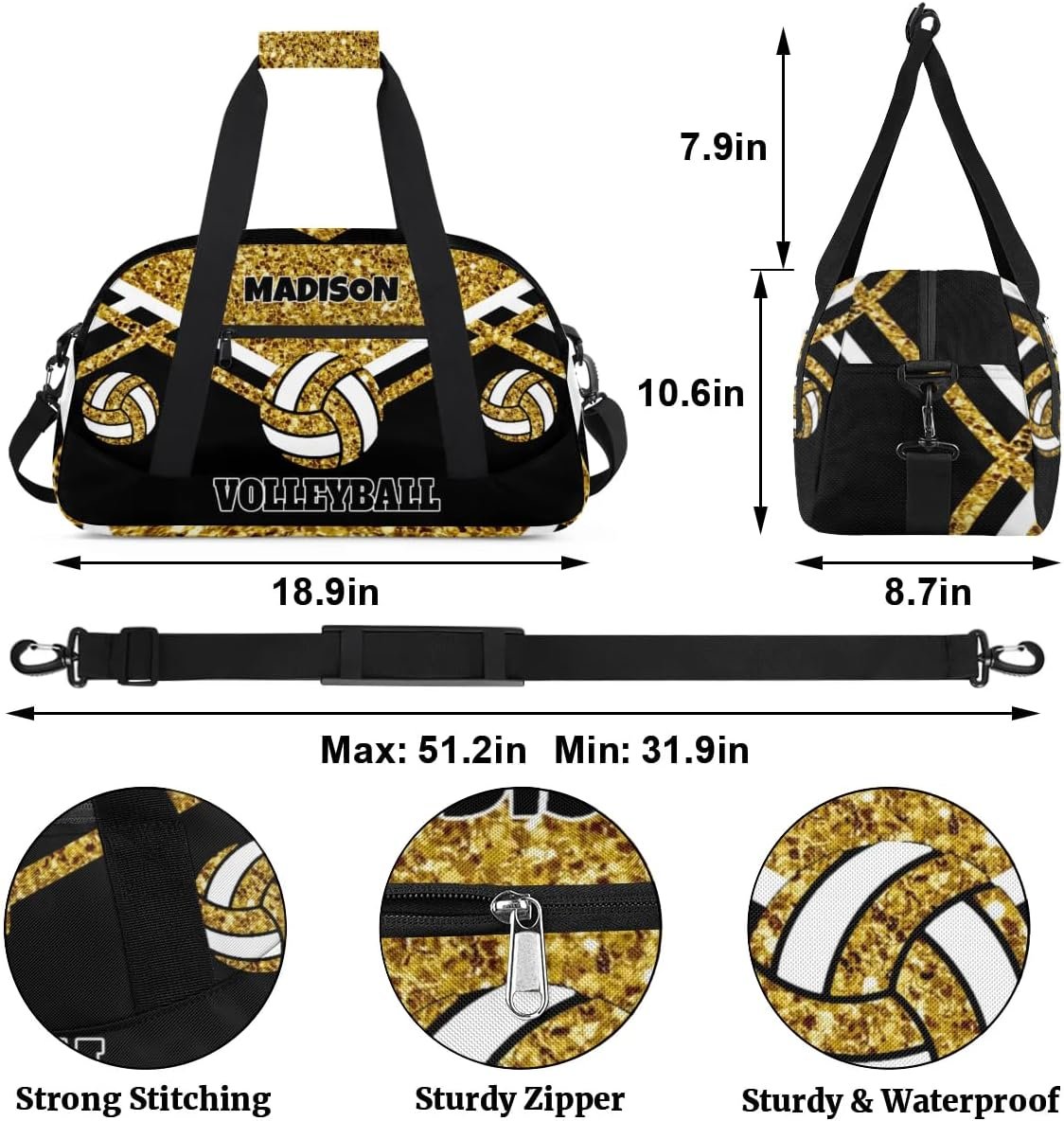Private Label Volleyball Sports Duffel Gym Bag Custom Logo Personalized Travel Duffle with Name Gold Sequins Black Manufacturer
