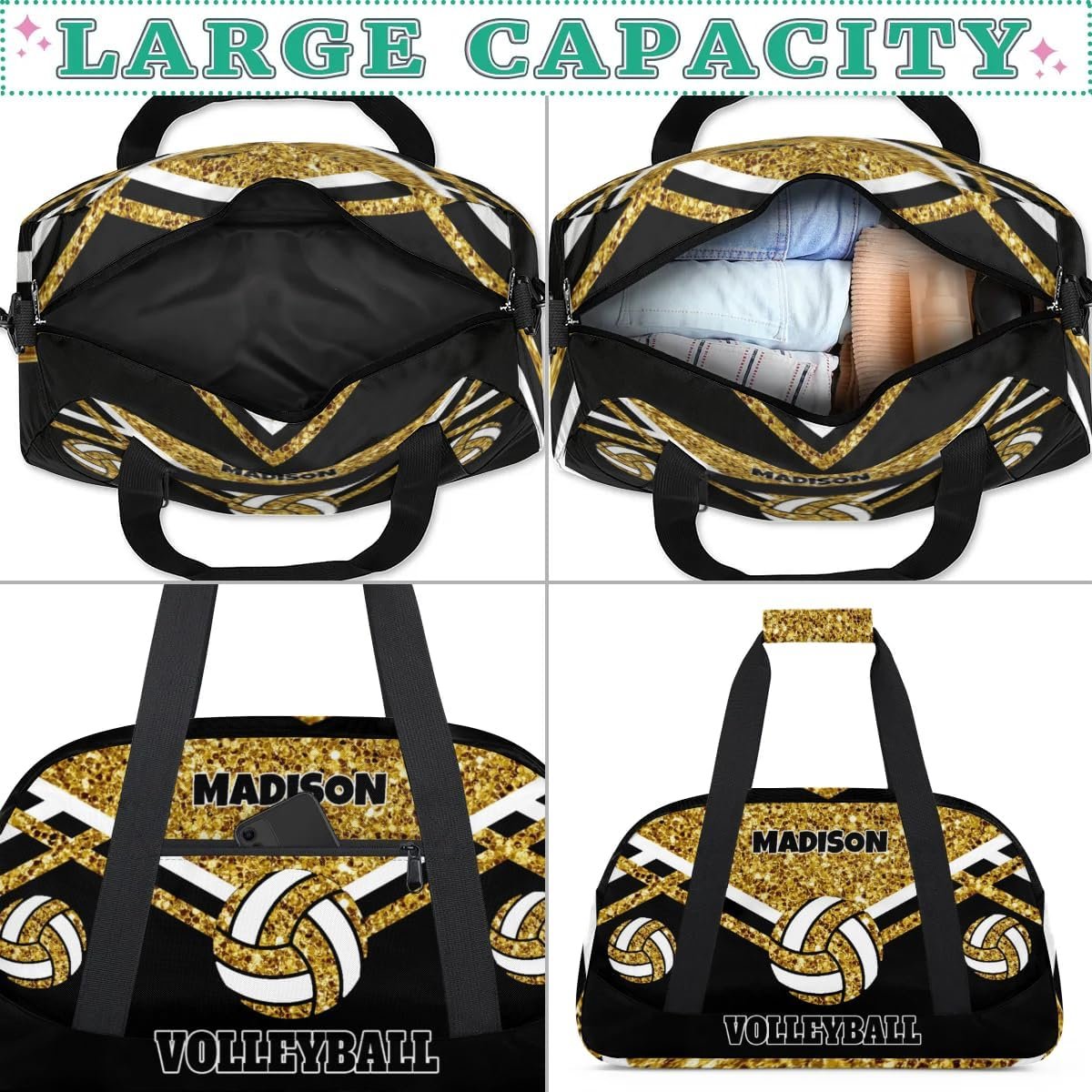 Private Label Volleyball Sports Duffel Gym Bag Custom Logo Personalized Travel Duffle with Name Gold Sequins Black Manufacturer