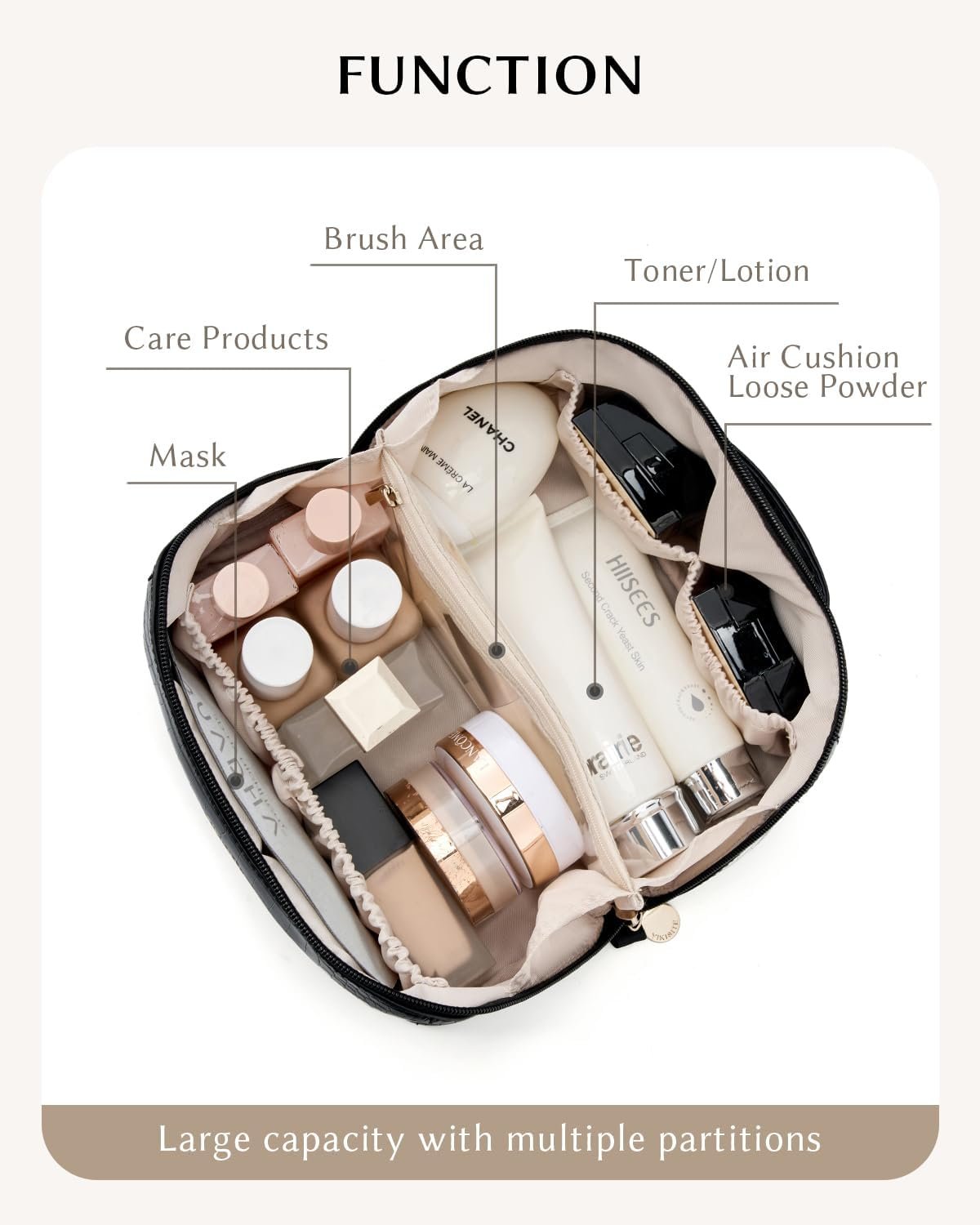 Factory Direct Makeup Bag Cosmetic Organizer for Women, Custom Logo Waterproof Croc Embossed PU Leather with Divider and Handle Toiletry Travel Bag Private Label Black