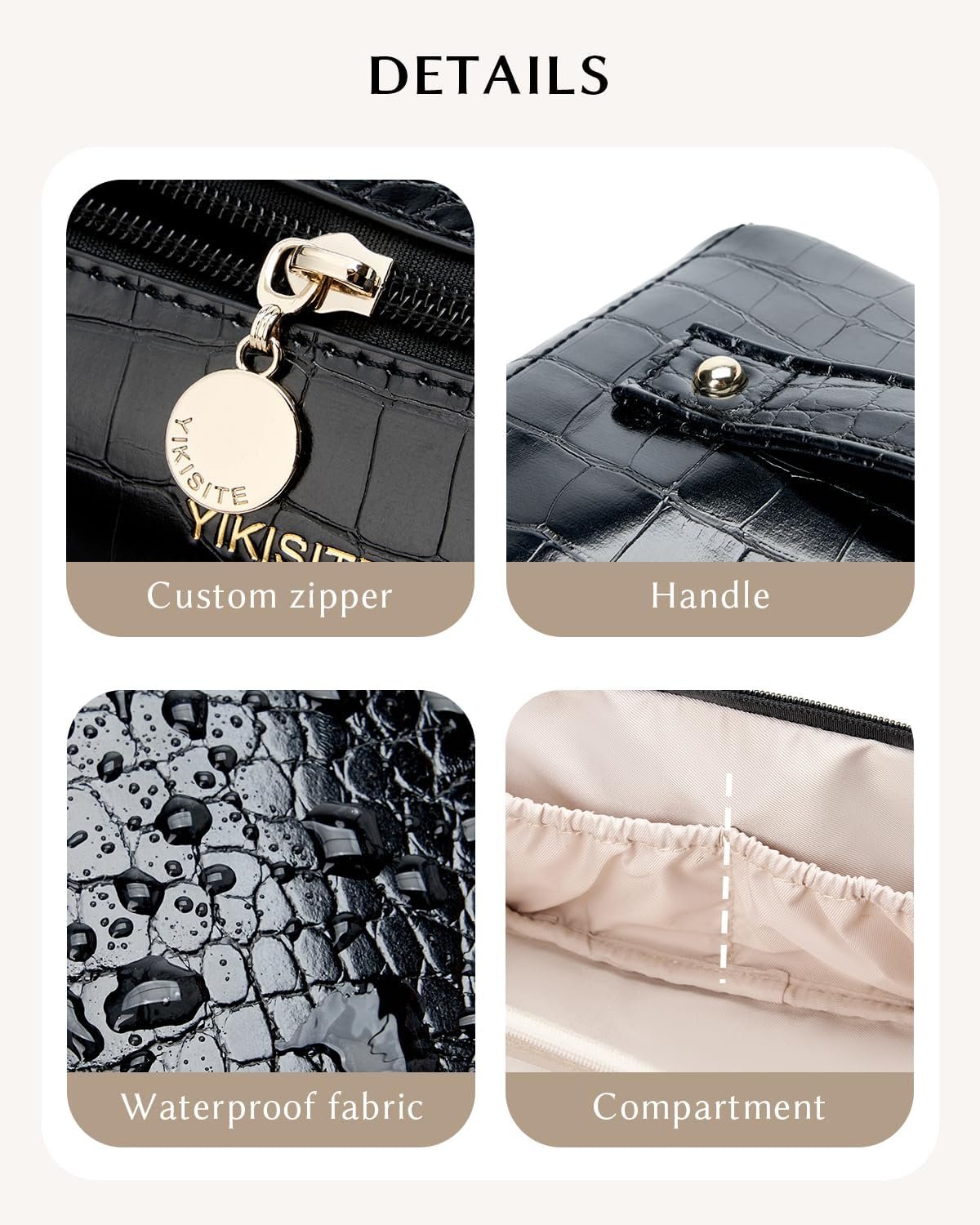 Factory Direct Makeup Bag Cosmetic Organizer for Women, Custom Logo Waterproof Croc Embossed PU Leather with Divider and Handle Toiletry Travel Bag Private Label Black