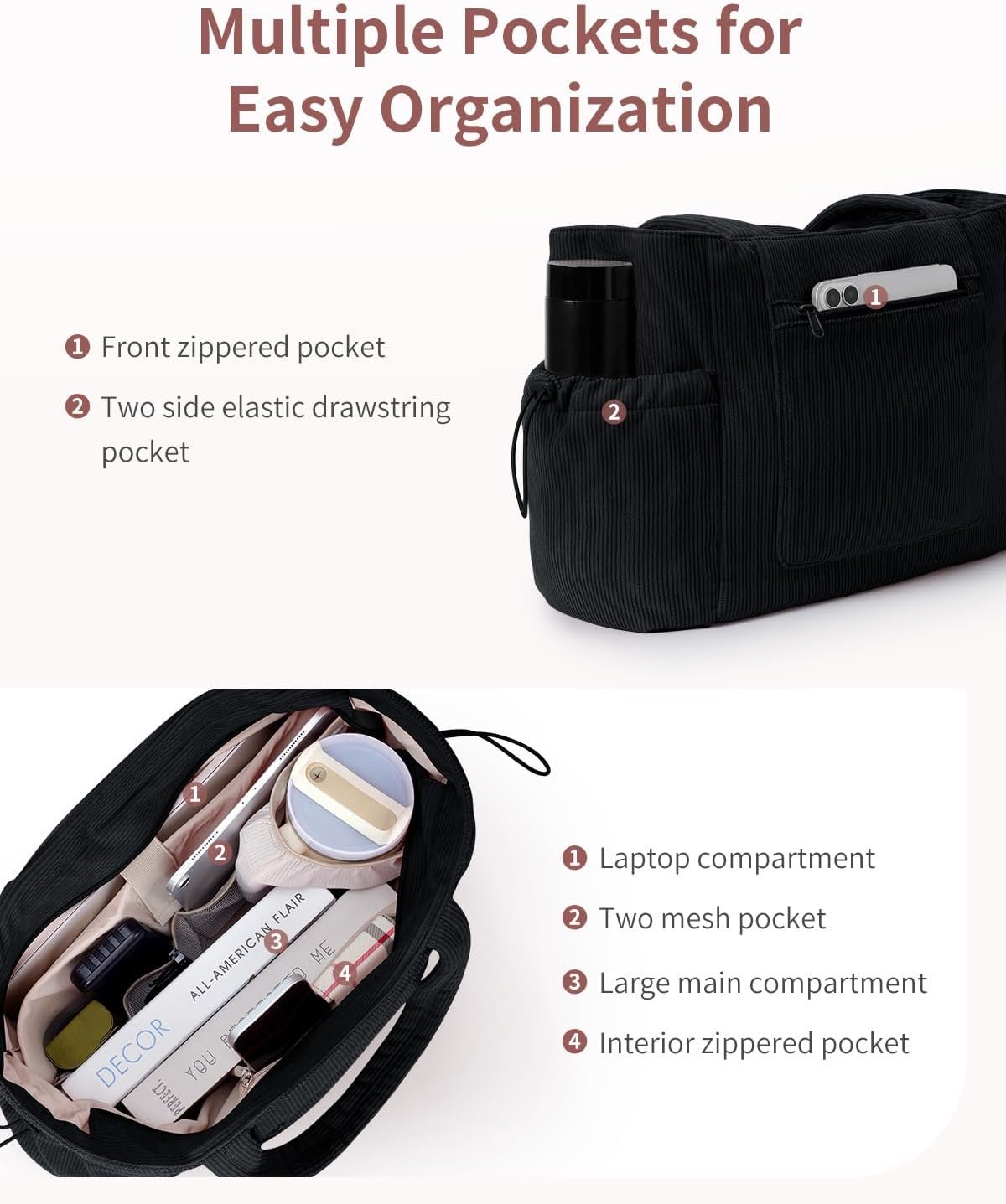 Custom Logo Large Corduroy Private Label Tote Bag for Women with Cup Holder Luggage Sleeve Laptop Compartment for Work Travel College Casual Manufacturer