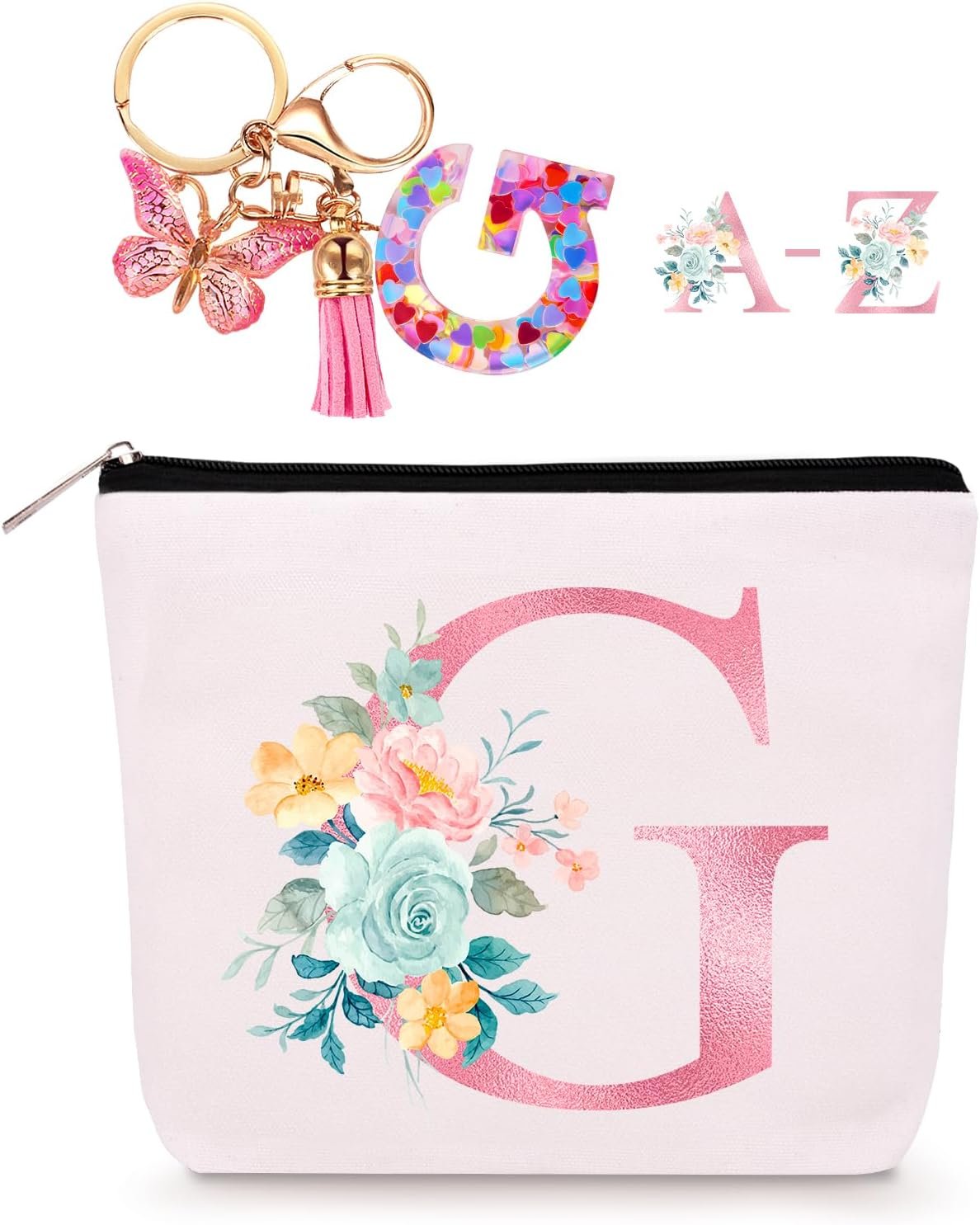 Private Label Personalized Makeup Bag with Custom Logo Initial Keychain Monogram Small Travel Cosmetic Toiletry Bag Manufacturer Birthday Gifts for Women Bridesmaids Teachers