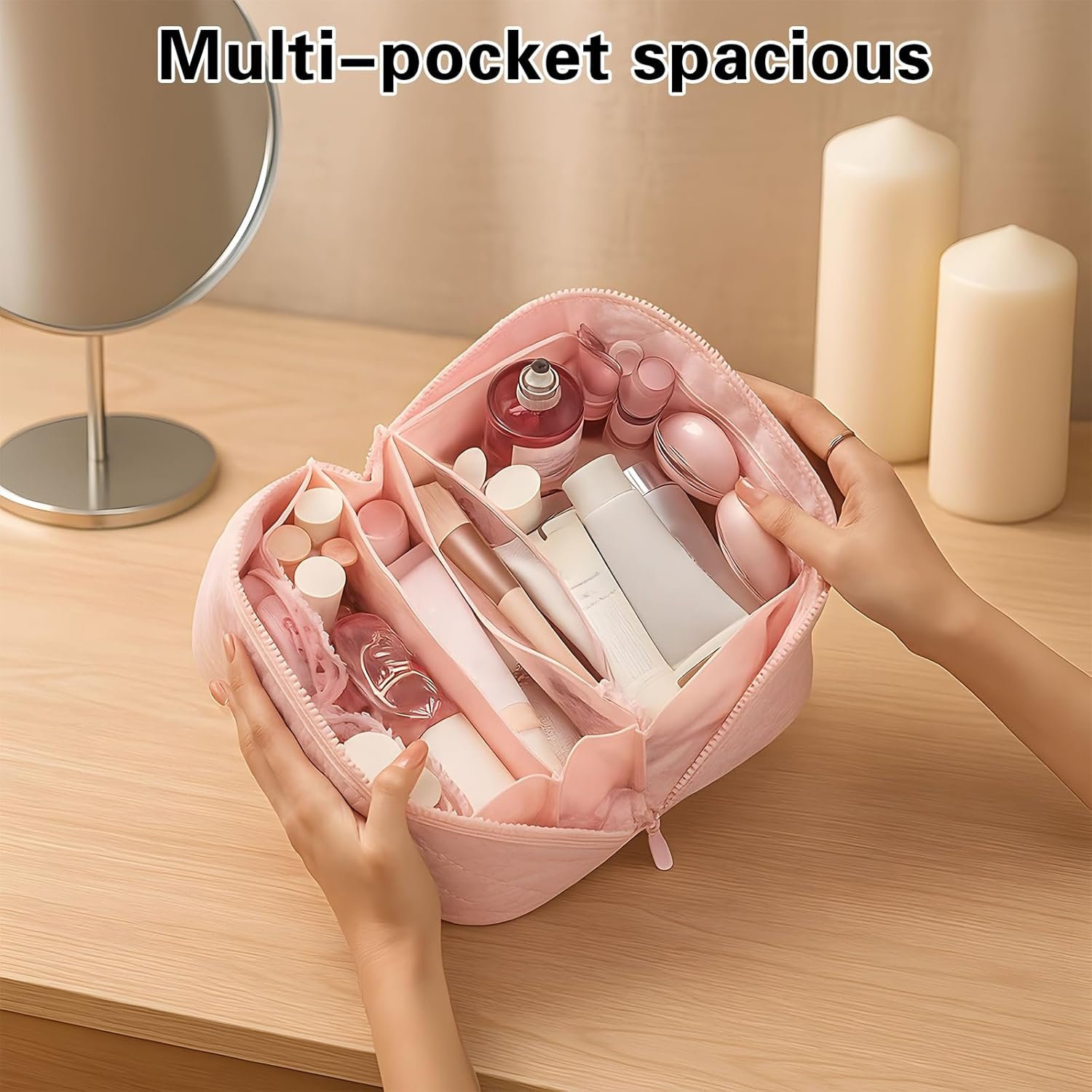 Manufacturer of Puffy Padded Makeup Bags, Custom Logo Waterproof Travel Toiletry Bags for Women, Private Label Cosmetic Organizer Wide-Open Pouch Purse (Green)