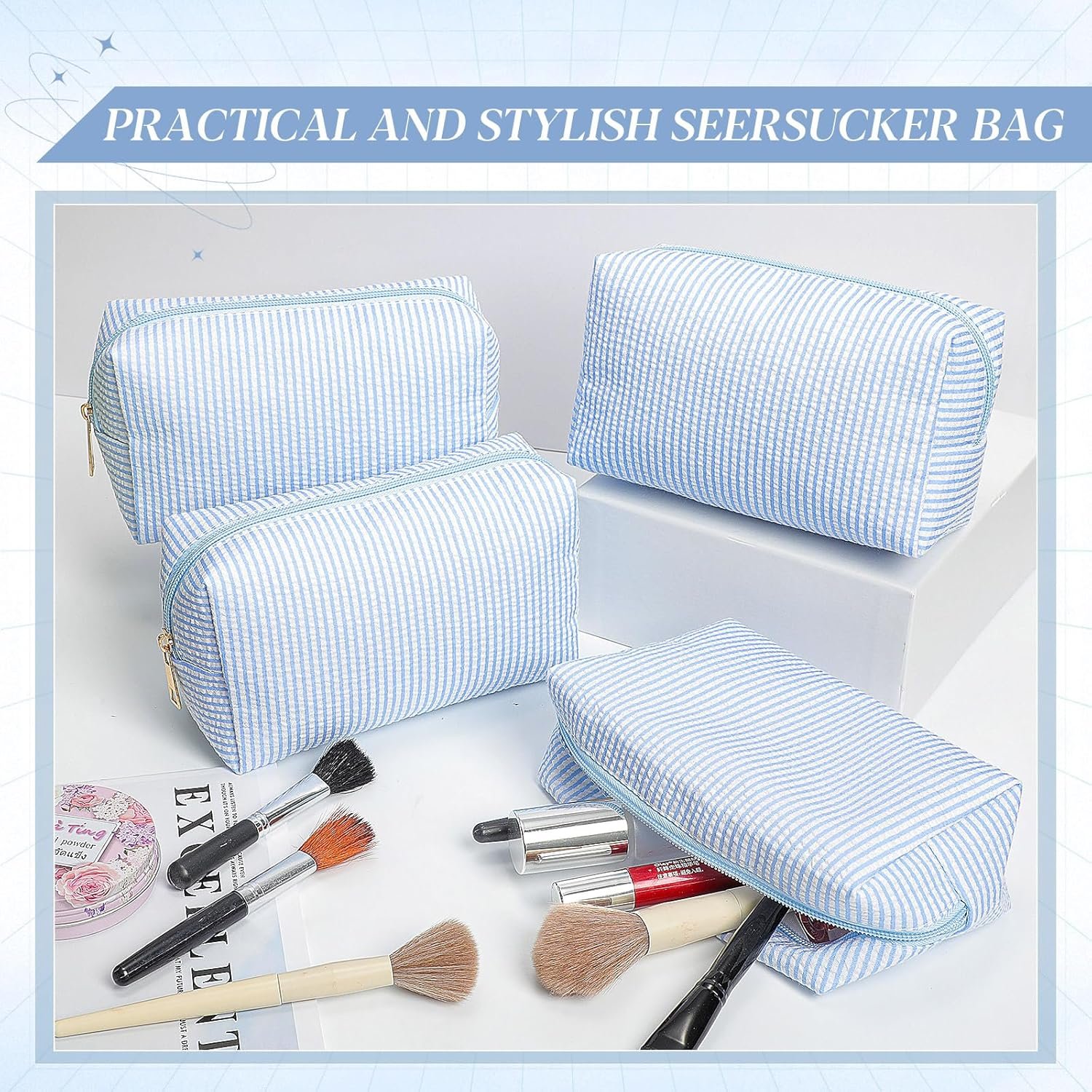 Private Label 6 Pcs Large Seersucker Stripe Cosmetic Makeup Bags Preppy Women Storage Pouches Custom Logo Toiletry Travel Organizers Manufacturer Wedding Bridesmaid Bride Favors Mom Gifts Blue