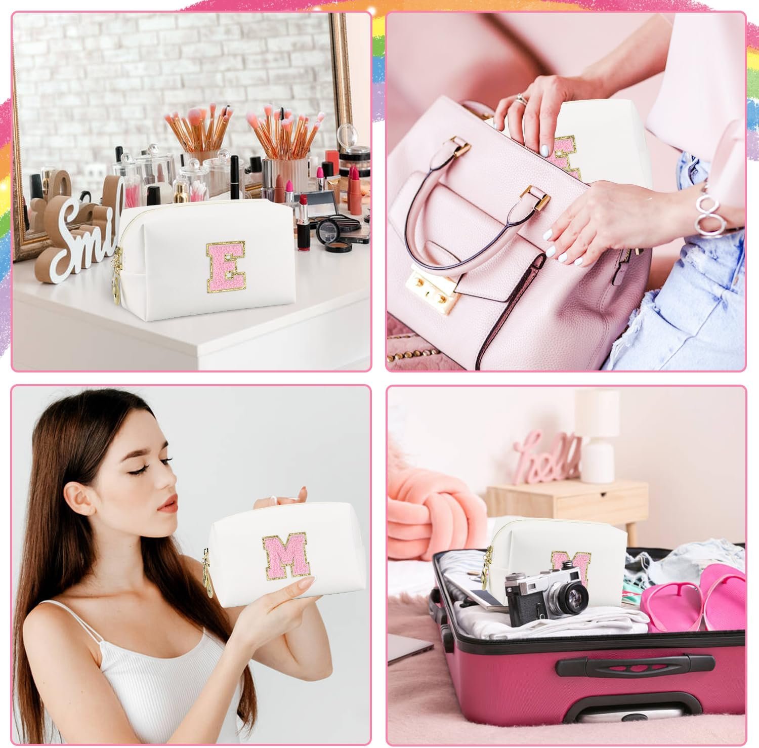 Custom Logo Initial Makeup Bag Personalized Preppy Waterproof PU Leather Chenille Letter Cosmetic Bag Private Label Portable Travel Toiletry Monogram Birthday Gift for Women Girls Mom Friends Letter E Manufacturer