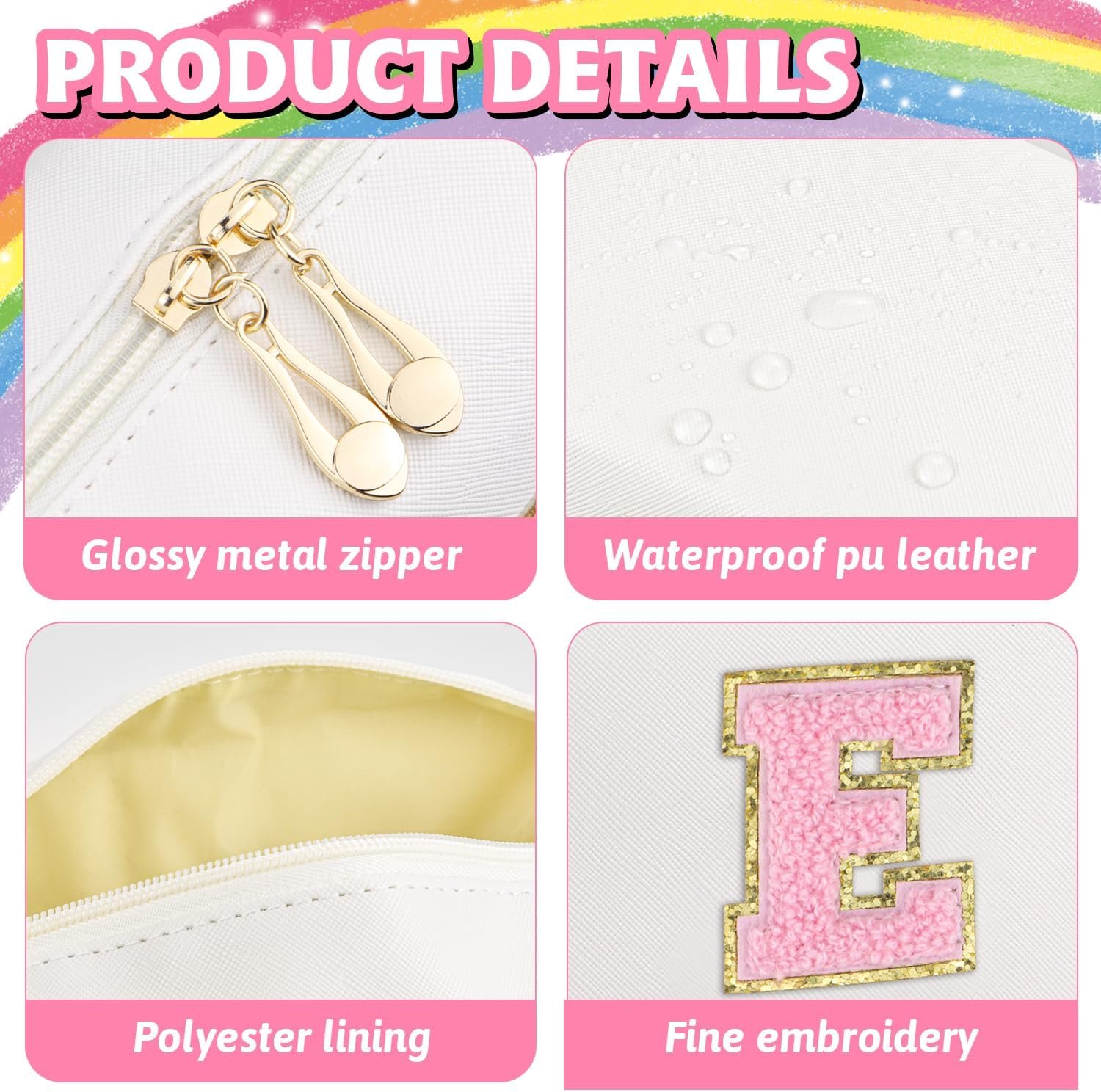 Custom Logo Initial Makeup Bag Personalized Preppy Waterproof PU Leather Chenille Letter Cosmetic Bag Private Label Portable Travel Toiletry Monogram Birthday Gift for Women Girls Mom Friends Letter E Manufacturer