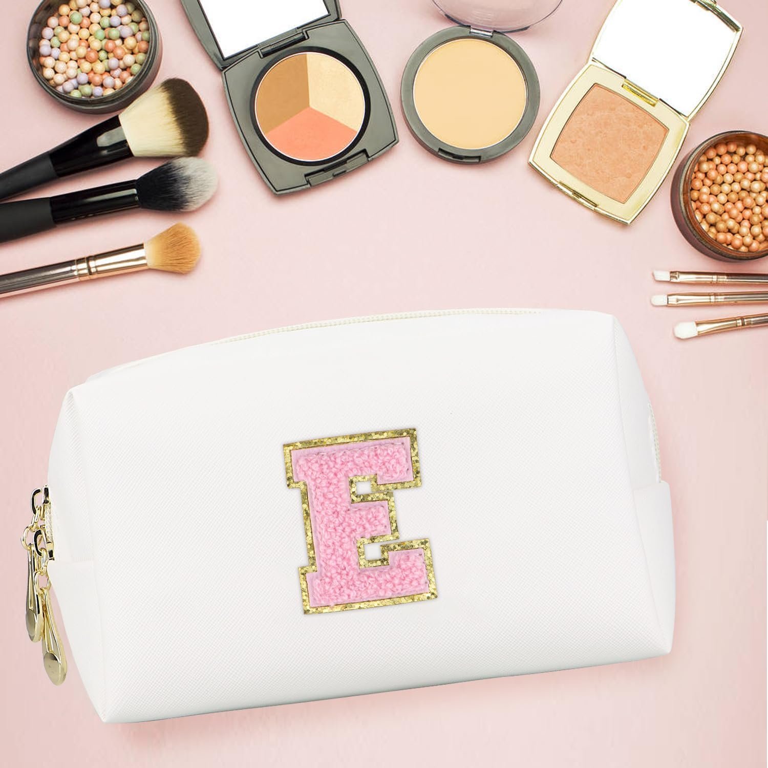 Custom Logo Initial Makeup Bag Personalized Preppy Waterproof PU Leather Chenille Letter Cosmetic Bag Private Label Portable Travel Toiletry Monogram Birthday Gift for Women Girls Mom Friends Letter E Manufacturer