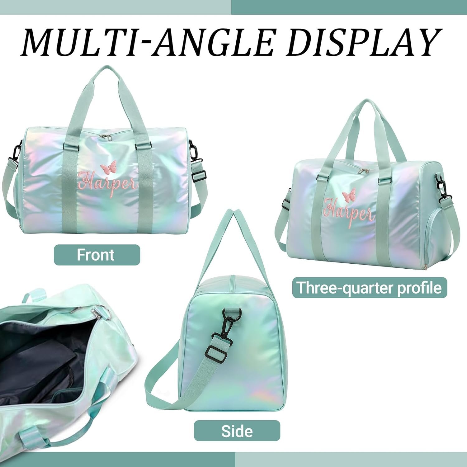 Custom Logo Personalized Dance Duffle Bag with Embroidered Name for Girls Cheerleading Sport Gym Travel Weekender Bag Shoe Compartment Green Private Label Manufacturer