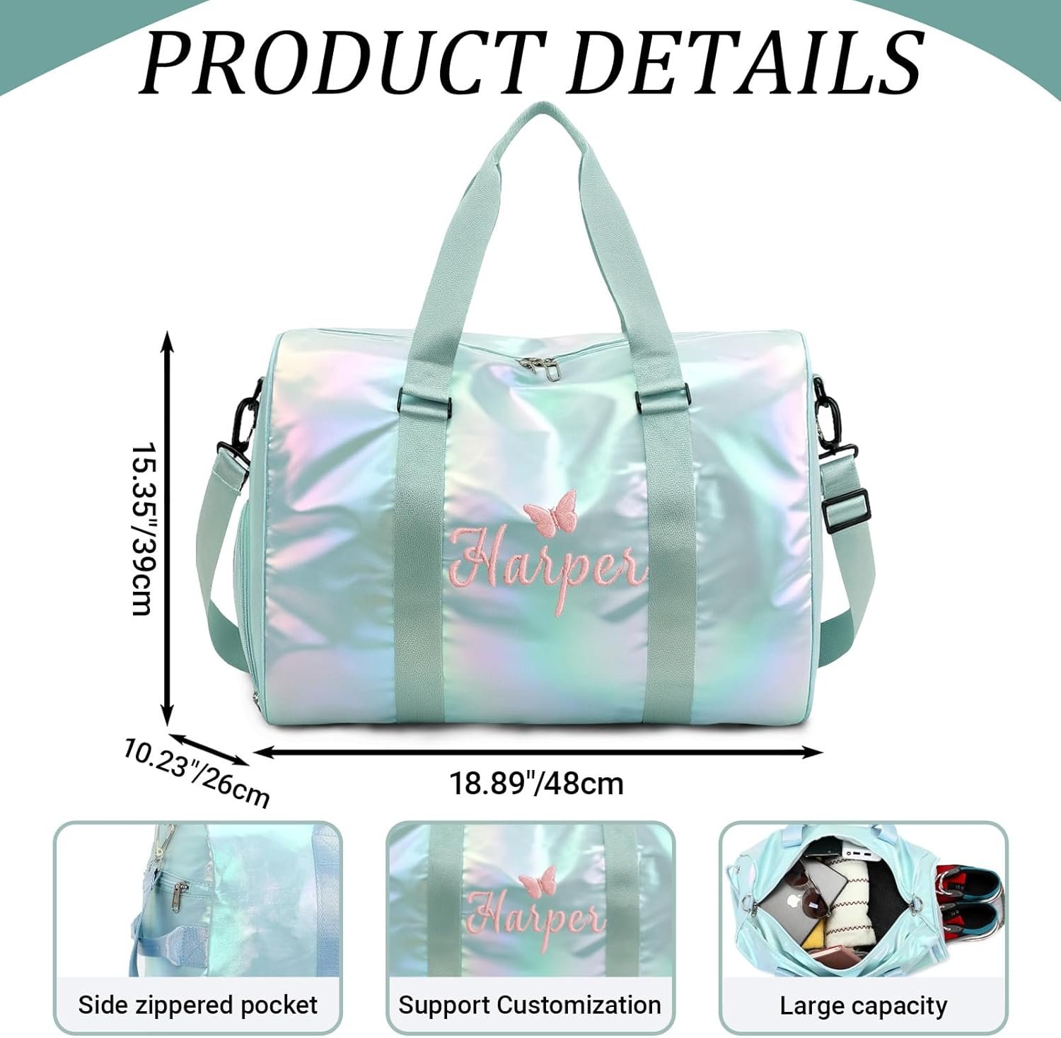 Custom Logo Personalized Dance Duffle Bag with Embroidered Name for Girls Cheerleading Sport Gym Travel Weekender Bag Shoe Compartment Green Private Label Manufacturer