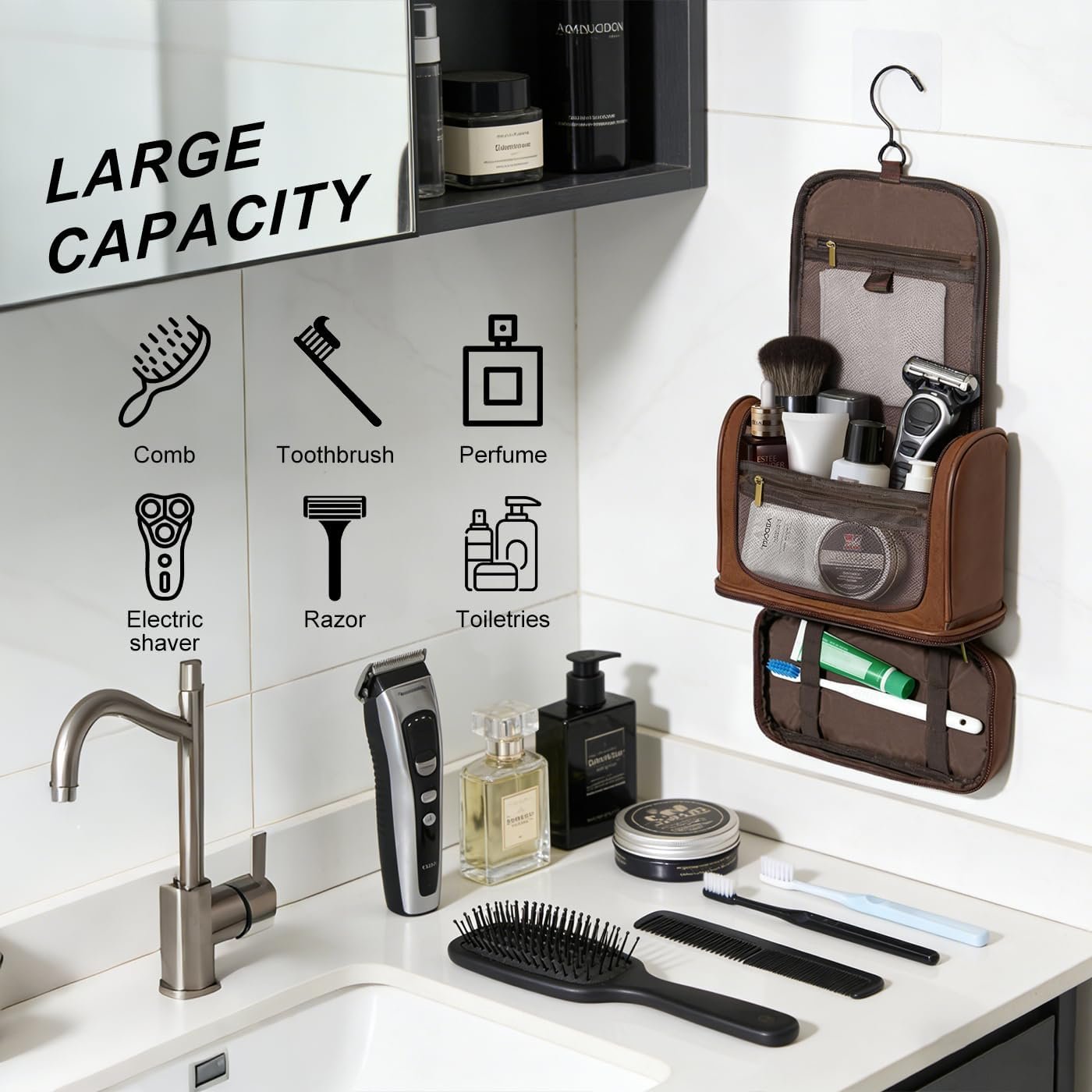 Custom Logo Leather Hanging Travel Toiletry Bag for Men and Women Private Label Waterproof Organizer with Separate Compartments Travel Kit for Gym Camping Men's Gift (Dark Brown) from Factory